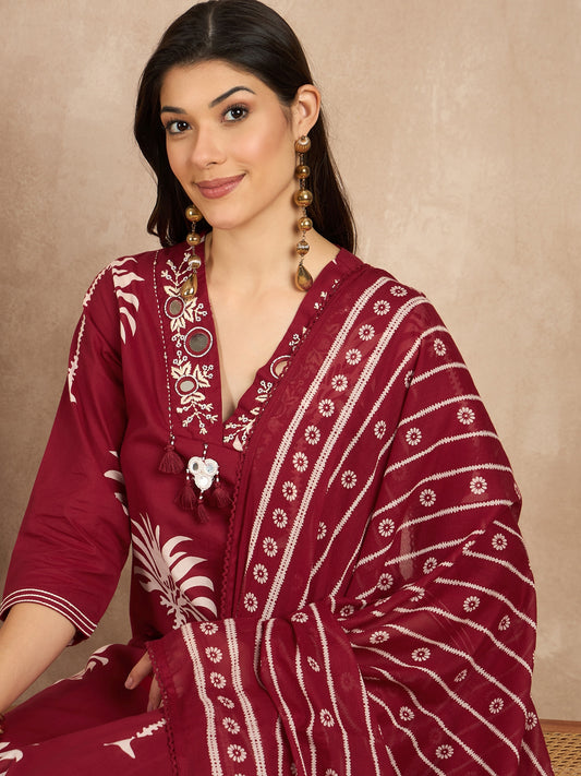 Women Ethnic Motifs Printed Regular Mirror Work Pure Cotton Kurta with Trousers & With Dupatta