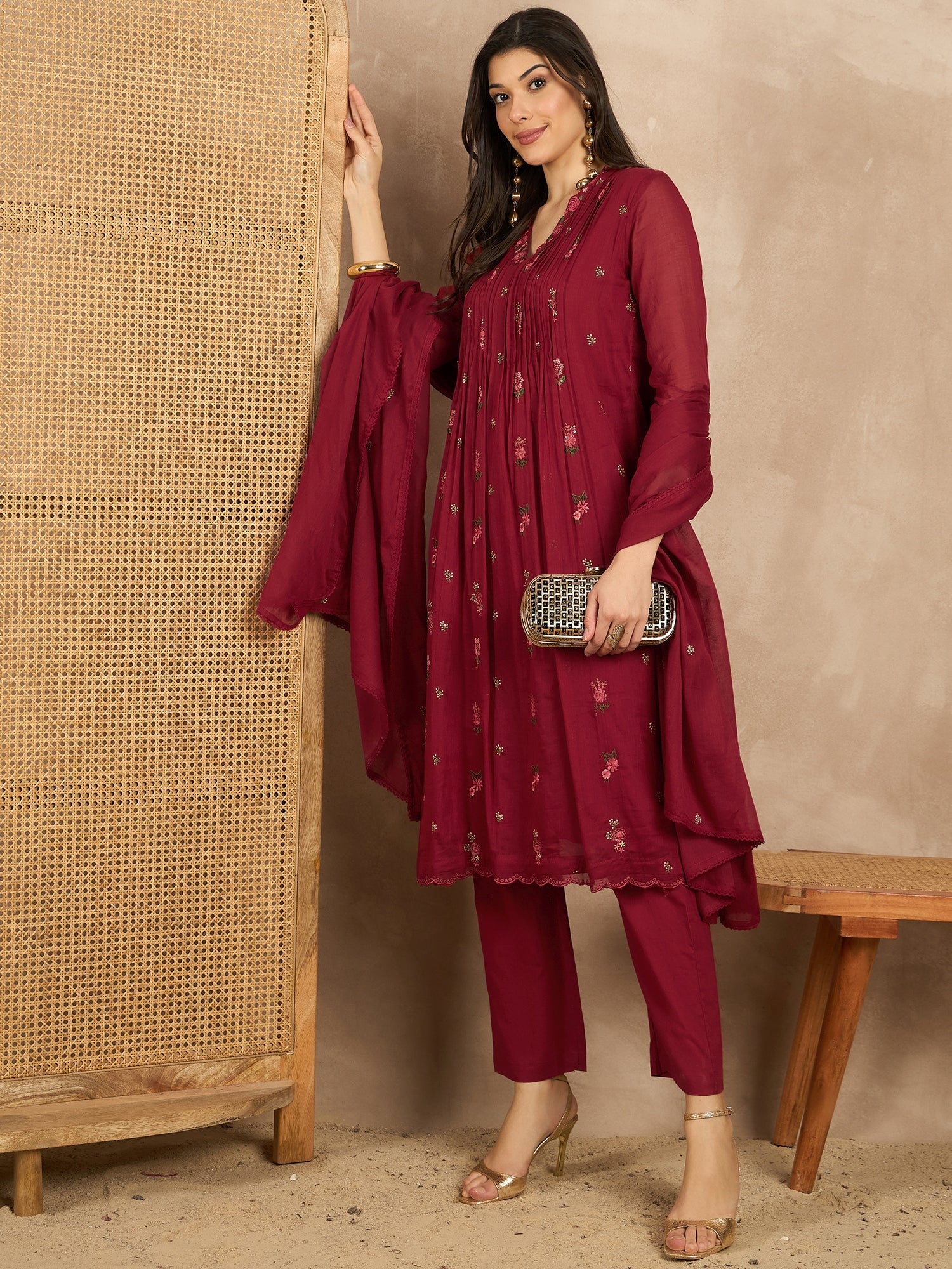 Women Floral Embroidered Pleated Thread Work Kurta with Trousers & With Dupatta