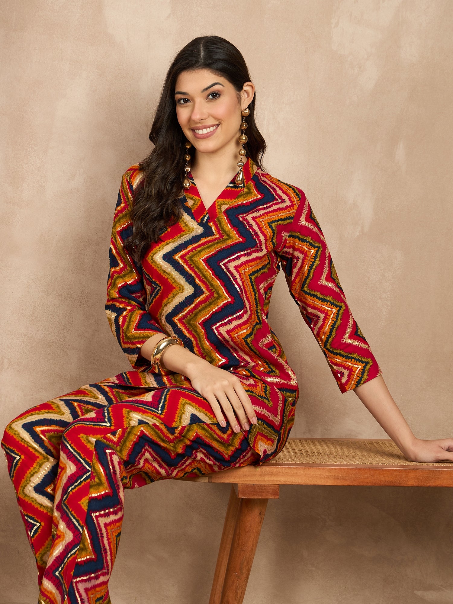 Printed V Neck Tunic & Trousers Co-ords