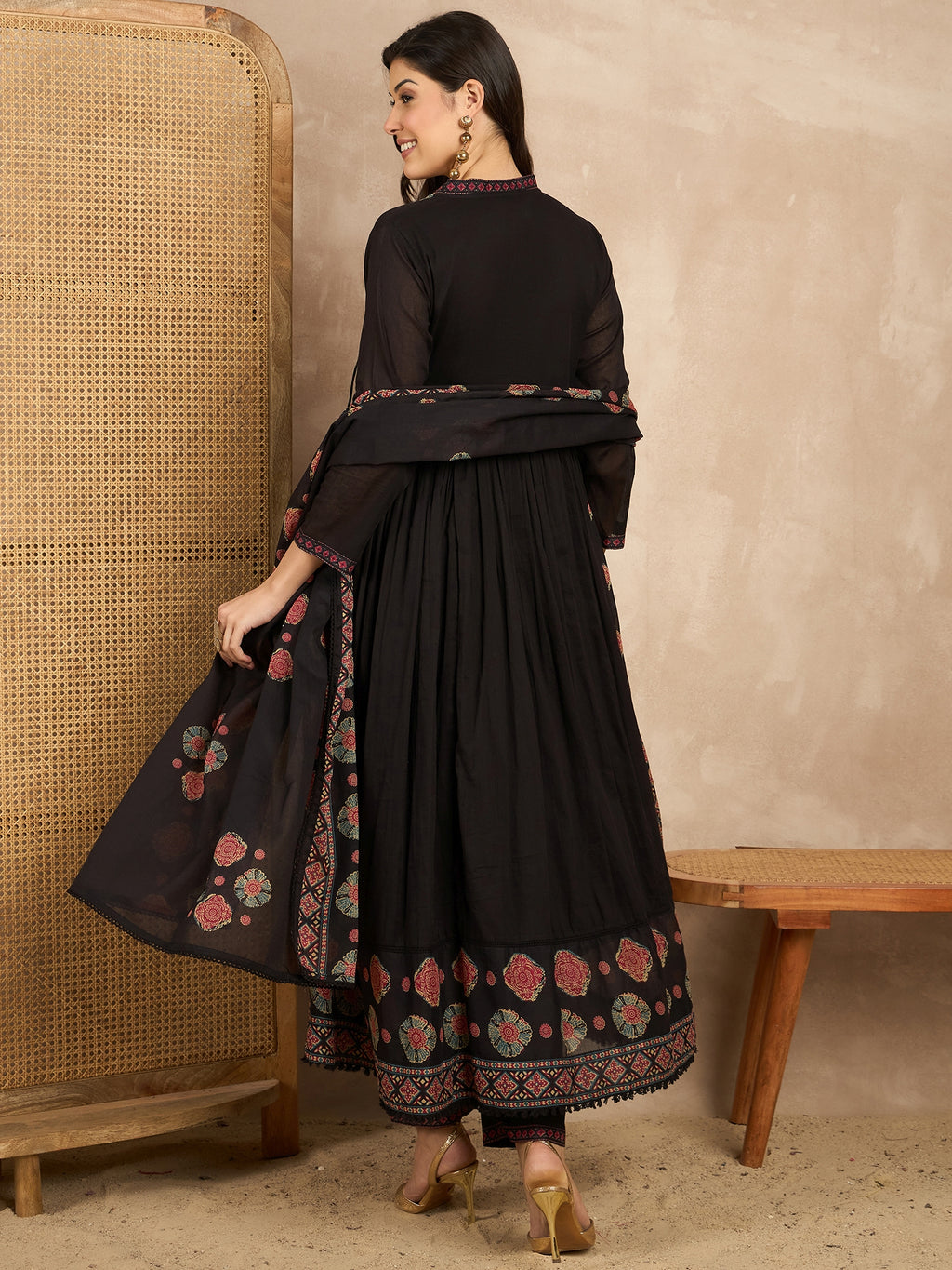 Women Ethnic Motifs Printed Angrakha Thread Work Kurta with Trousers & With Dupatta