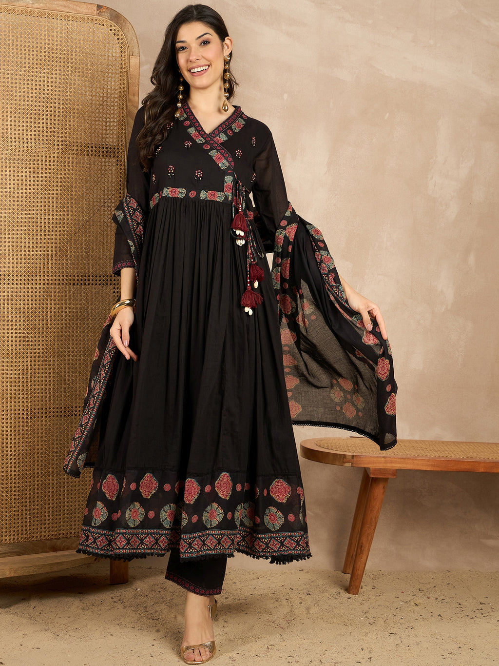 Women Ethnic Motifs Printed Angrakha Thread Work Kurta with Trousers & With Dupatta