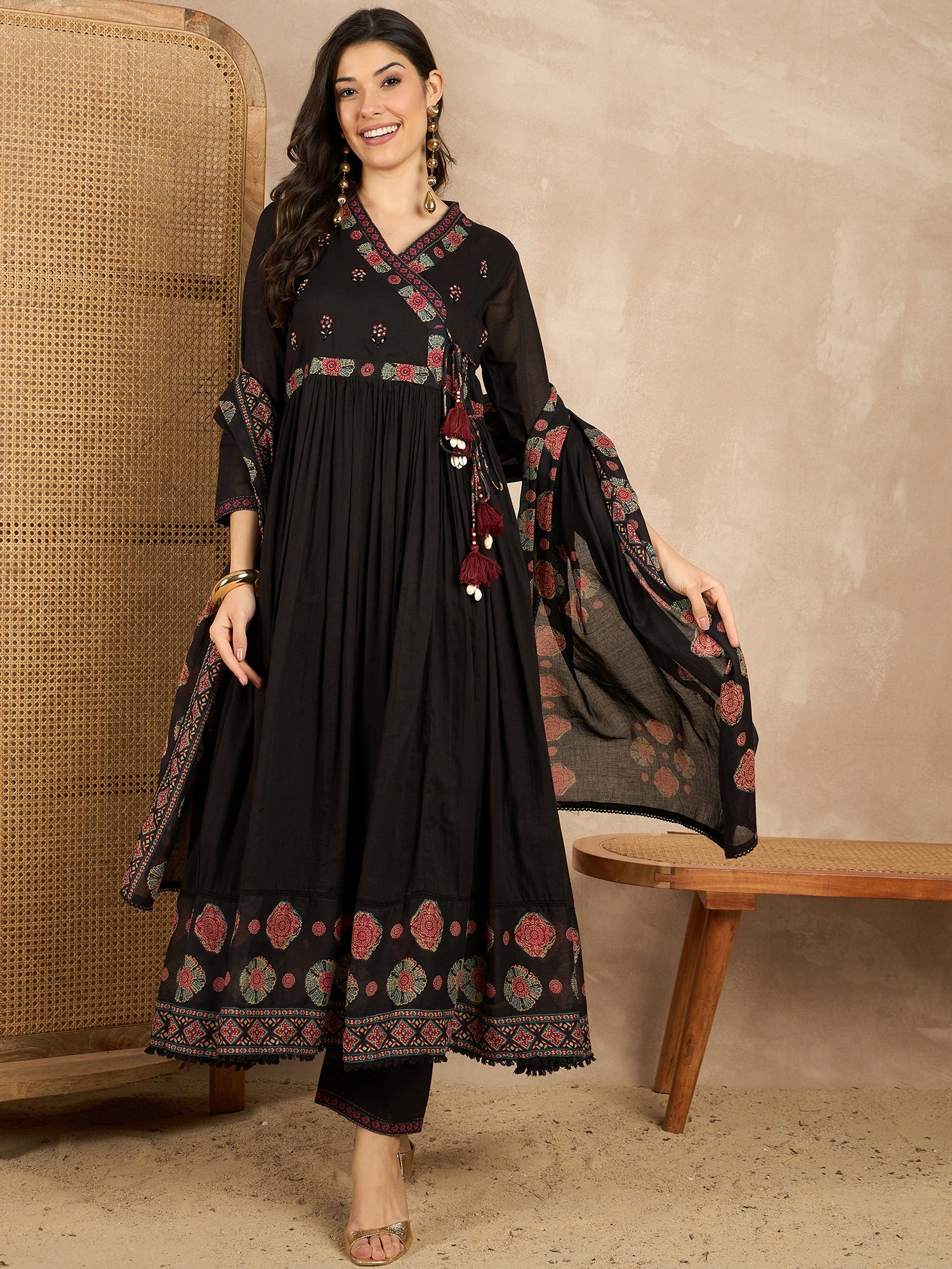 Women Ethnic Motifs Printed Angrakha Thread Work Kurta with Trousers & With Dupatta