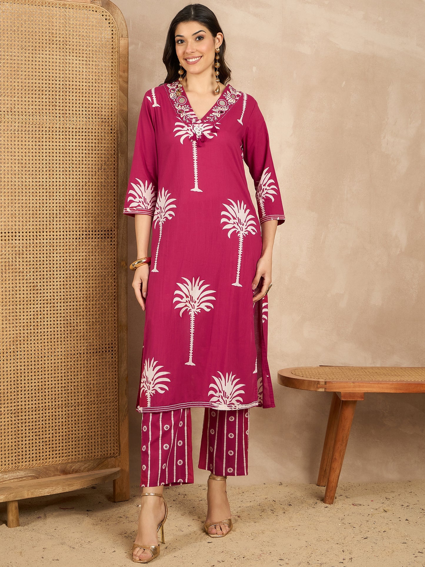 Women Ethnic Motifs Printed Regular Mirror Work Pure Cotton Kurta with Trousers & With Dupatta