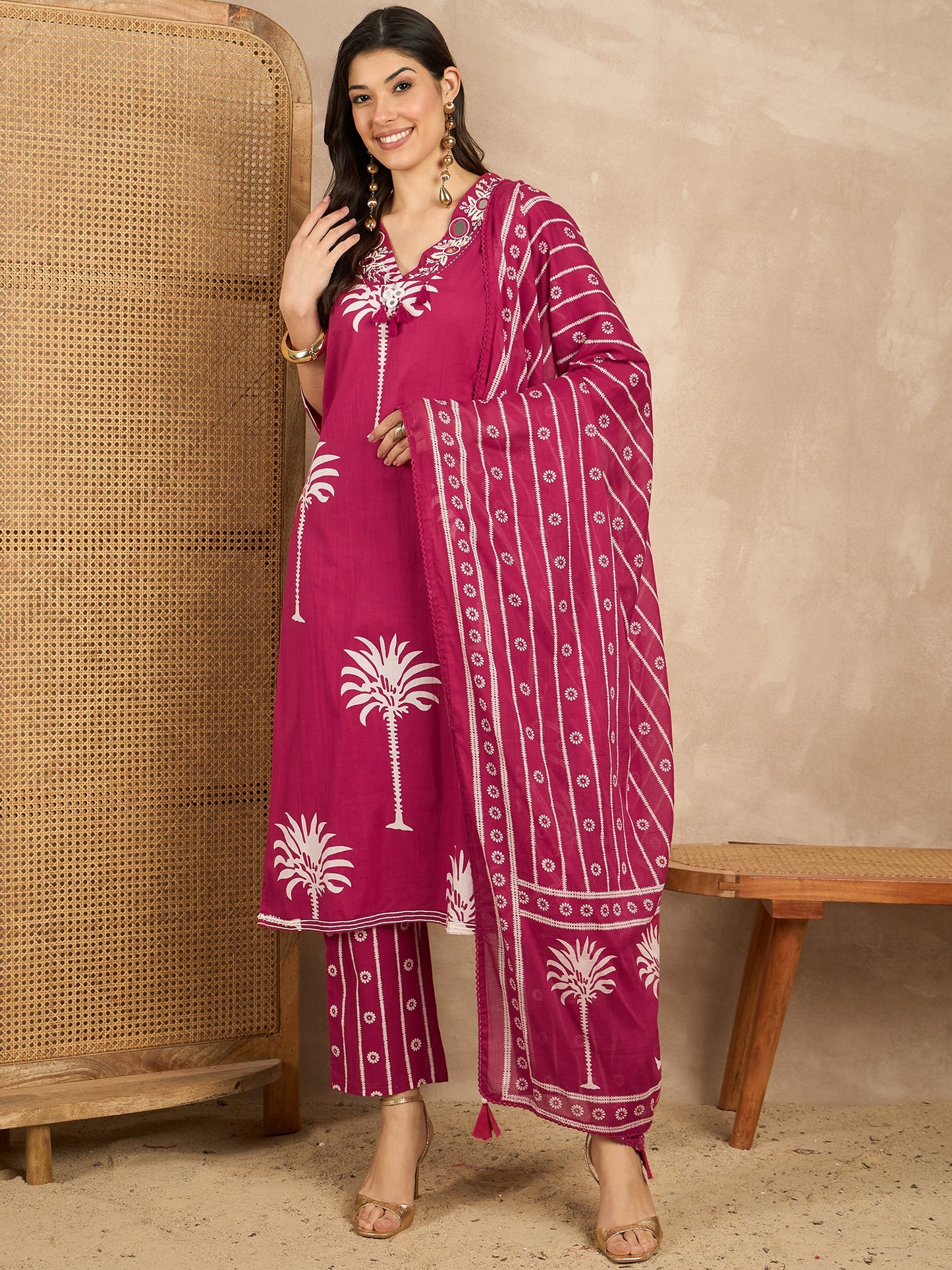 Women Ethnic Motifs Printed Regular Mirror Work Pure Cotton Kurta with Trousers & With Dupatta