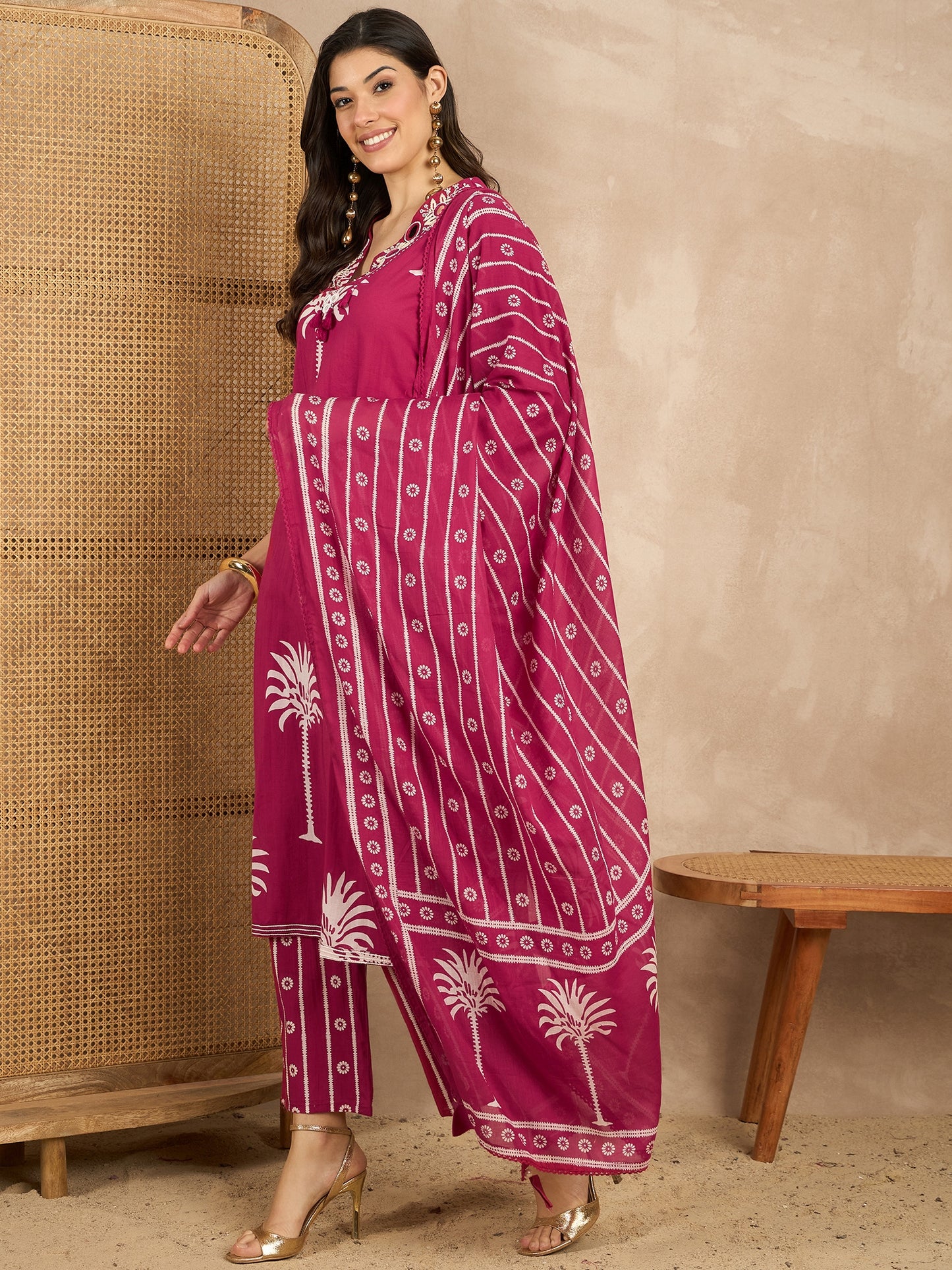 Women Ethnic Motifs Printed Regular Mirror Work Pure Cotton Kurta with Trousers & With Dupatta