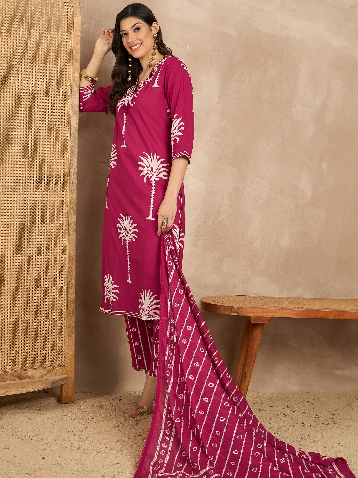 Women Ethnic Motifs Printed Regular Mirror Work Pure Cotton Kurta with Trousers & With Dupatta