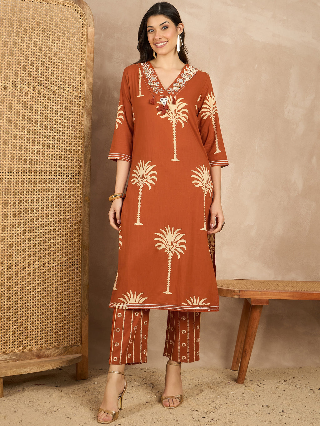 Women Ethnic Motifs Printed Regular Mirror Work Pure Cotton Kurta with Trousers & With Dupatta