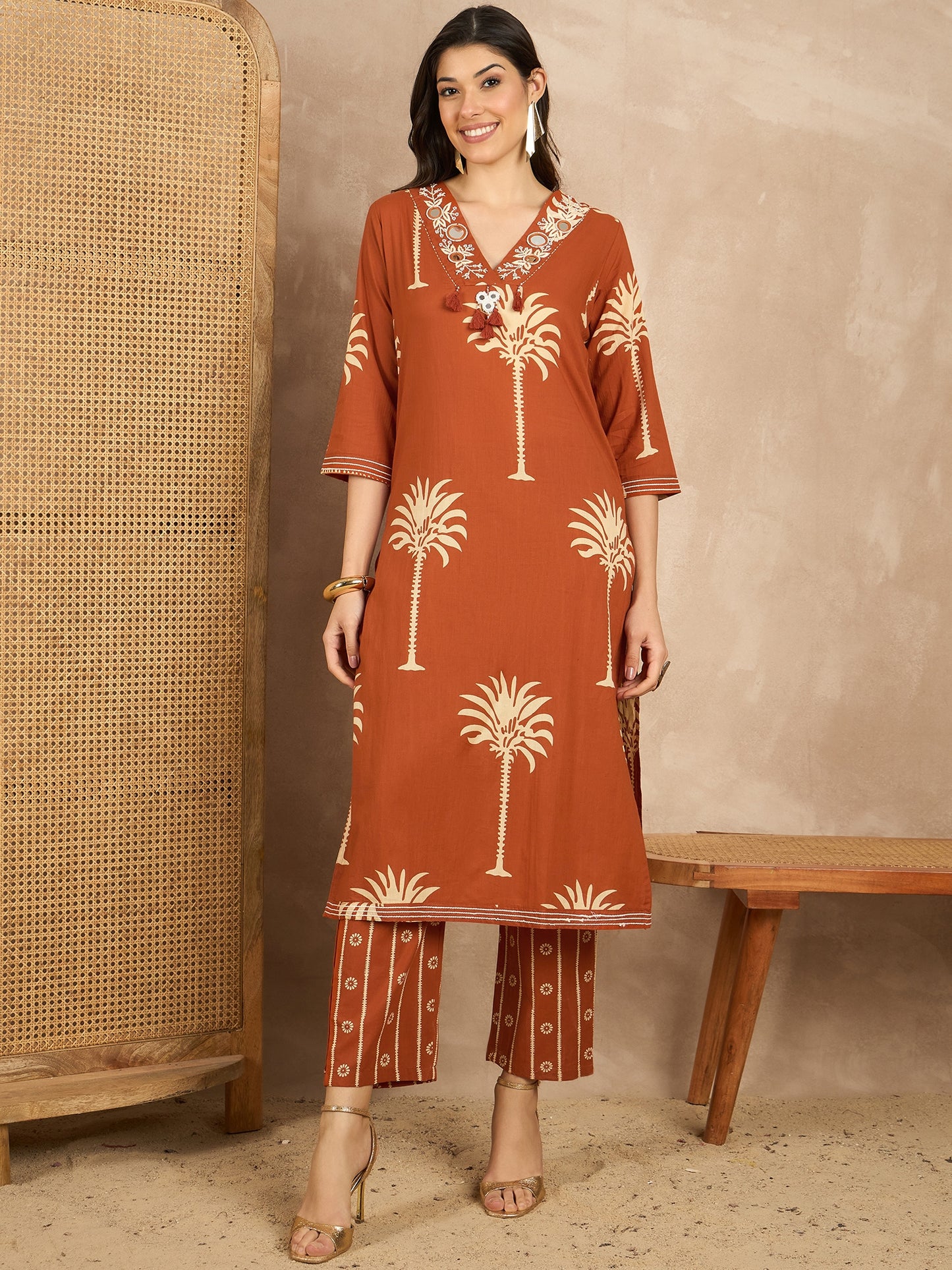 Women Ethnic Motifs Printed Regular Mirror Work Pure Cotton Kurta with Trousers & With Dupatta