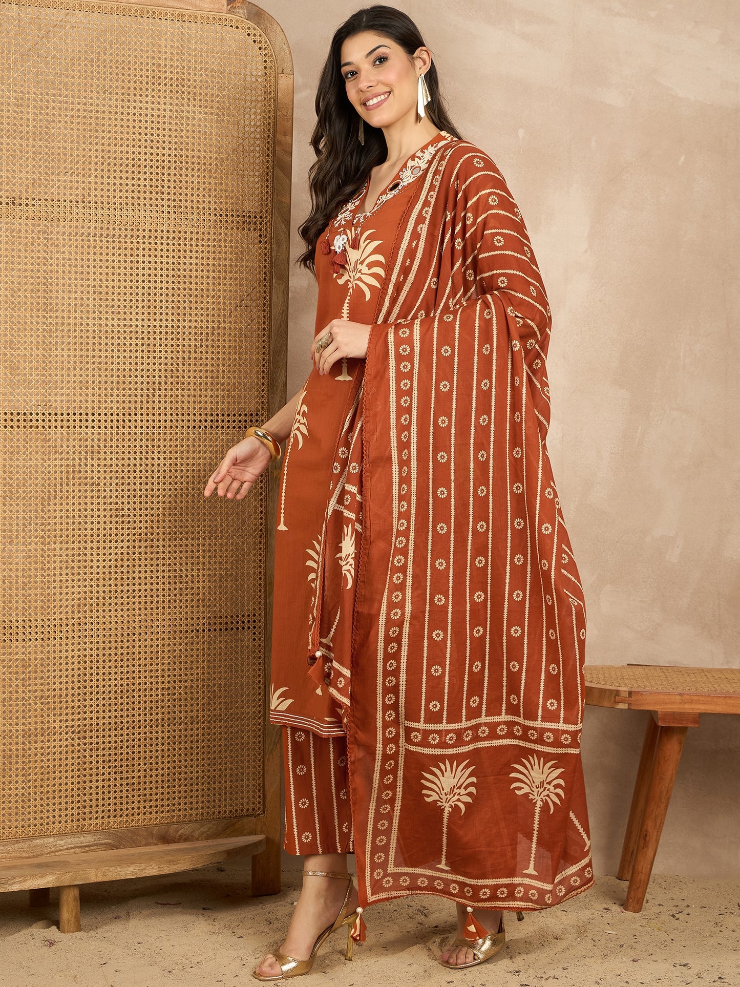 Women Ethnic Motifs Printed Regular Mirror Work Pure Cotton Kurta with Trousers & With Dupatta