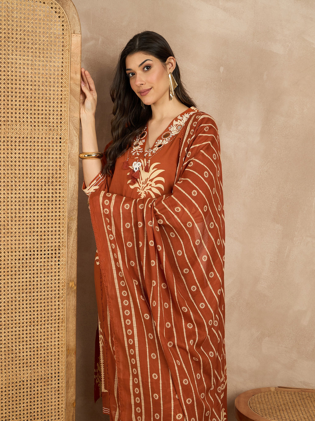 Women Ethnic Motifs Printed Regular Mirror Work Pure Cotton Kurta with Trousers & With Dupatta