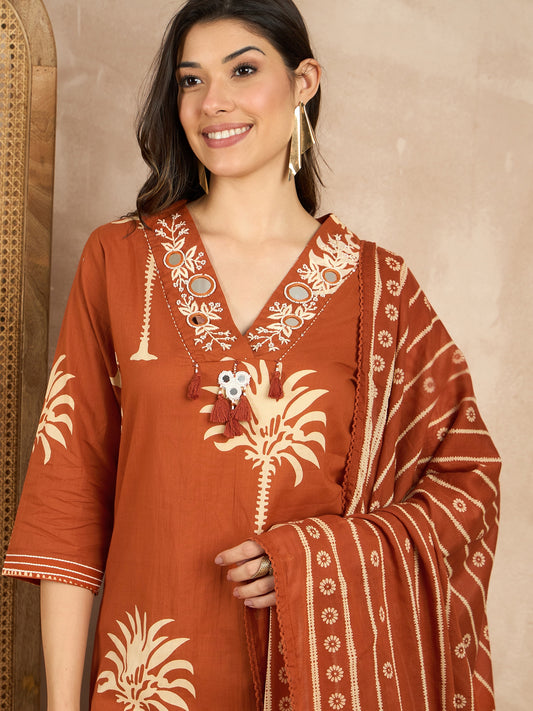 Women Ethnic Motifs Printed Regular Mirror Work Pure Cotton Kurta with Trousers & With Dupatta