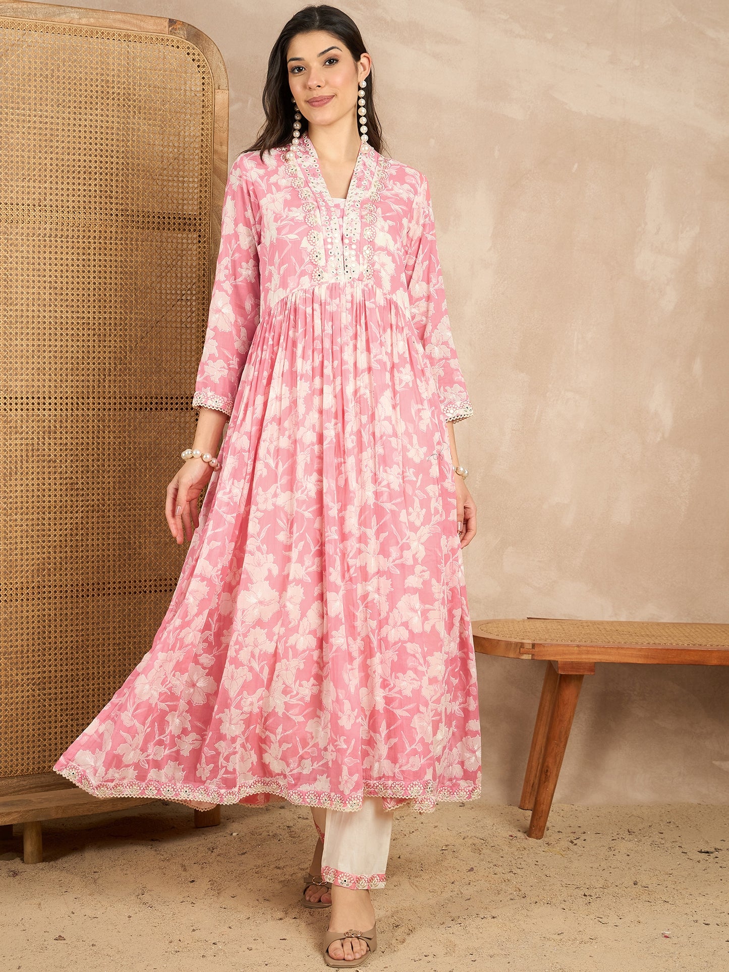 Women Floral Printed Pleated Mirror Work Kurta with Trousers & With Dupatta