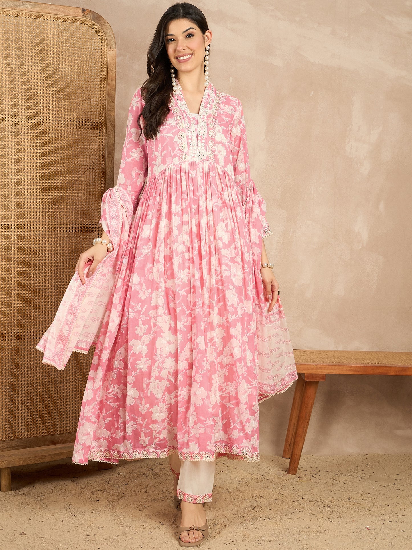 Women Floral Printed Pleated Mirror Work Kurta with Trousers & With Dupatta