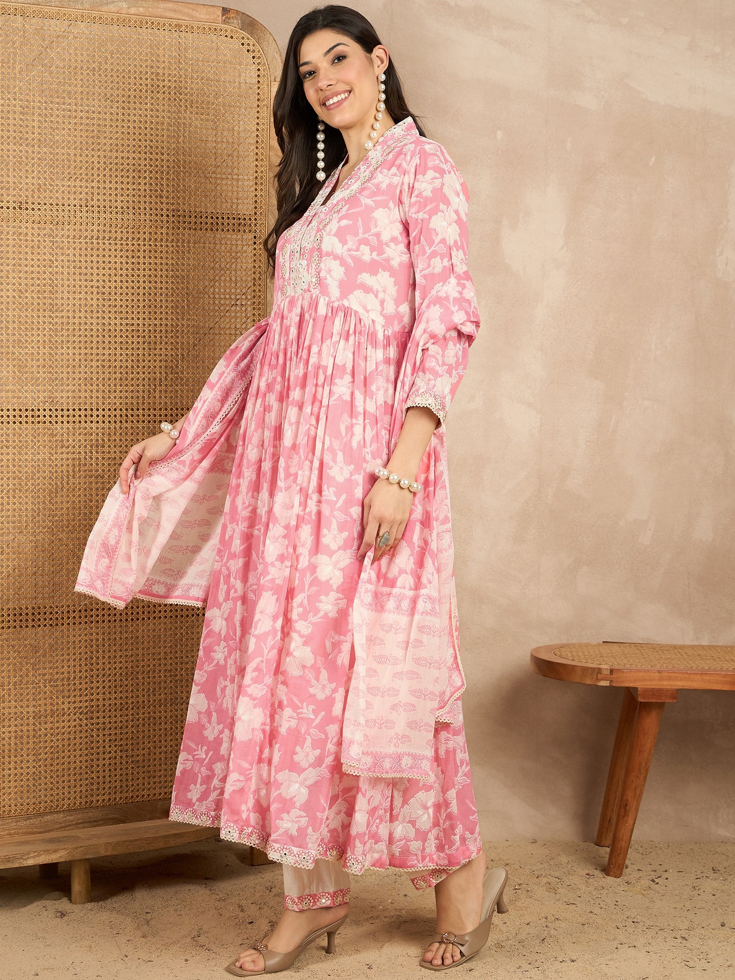 Women Floral Printed Pleated Mirror Work Kurta with Trousers & With Dupatta