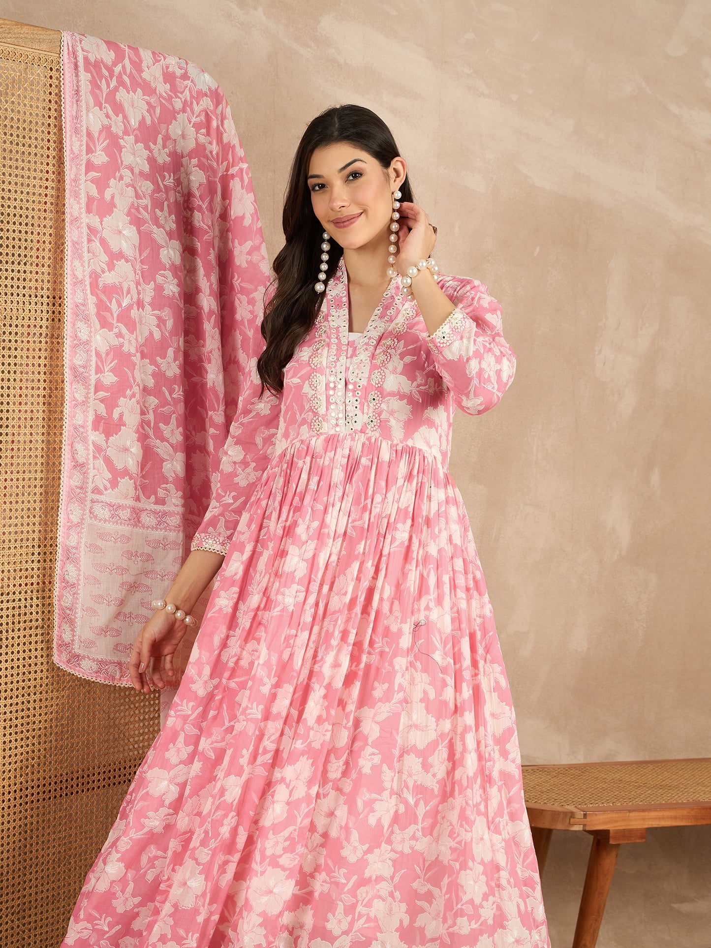 Women Floral Printed Pleated Mirror Work Kurta with Trousers & With Dupatta