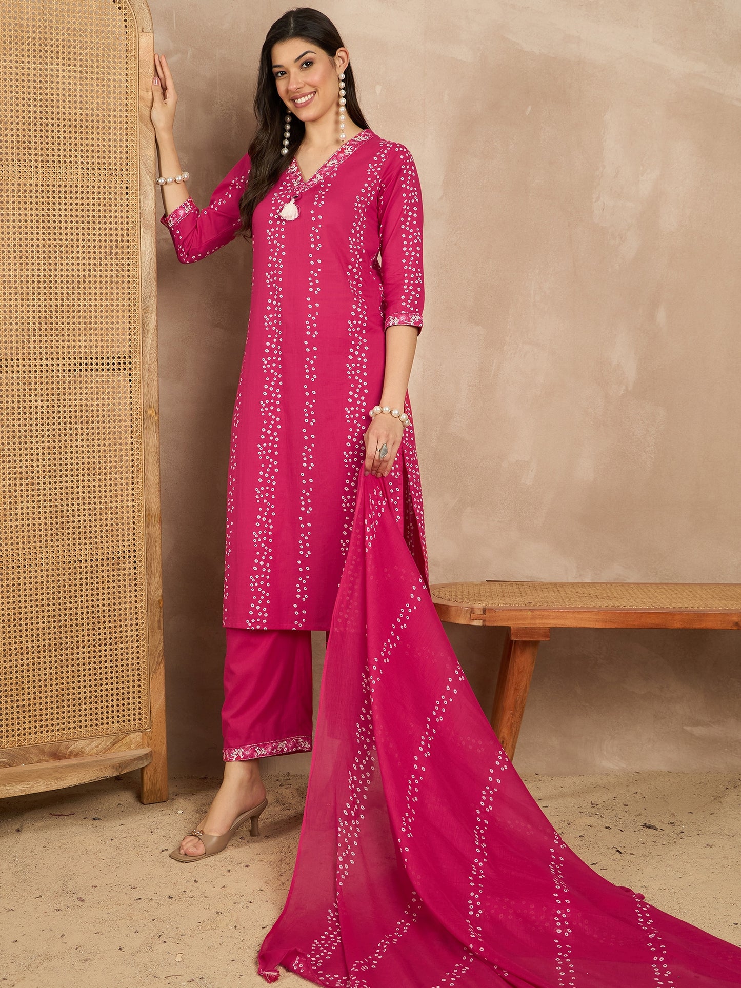Women Printed Regular Mirror Work Pure Cotton Kurta with Trousers & With Dupatta