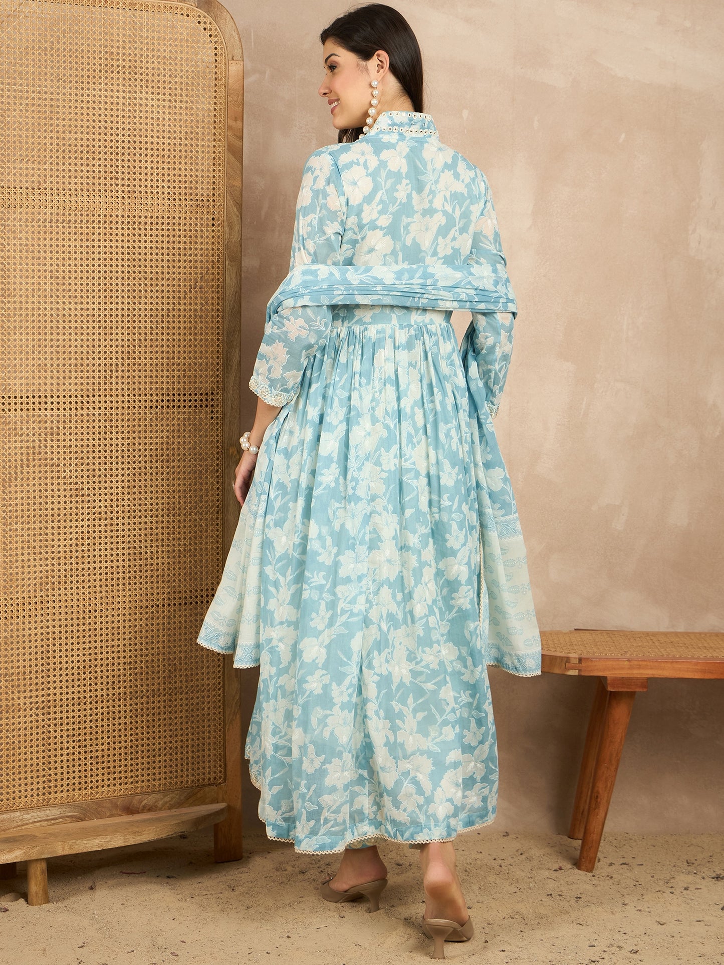 Women Floral Printed Pleated Mirror Work Kurta with Trousers & With Dupatta