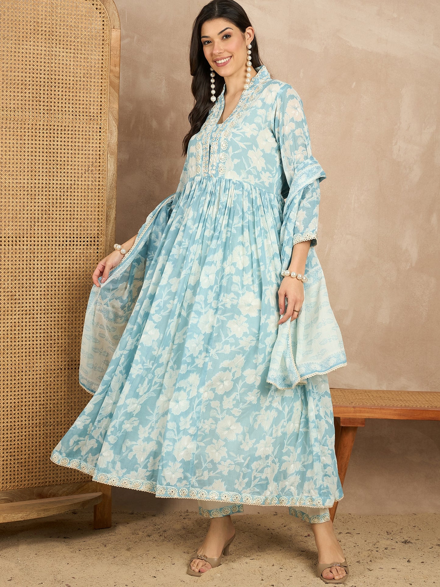Women Floral Printed Pleated Mirror Work Kurta with Trousers & With Dupatta