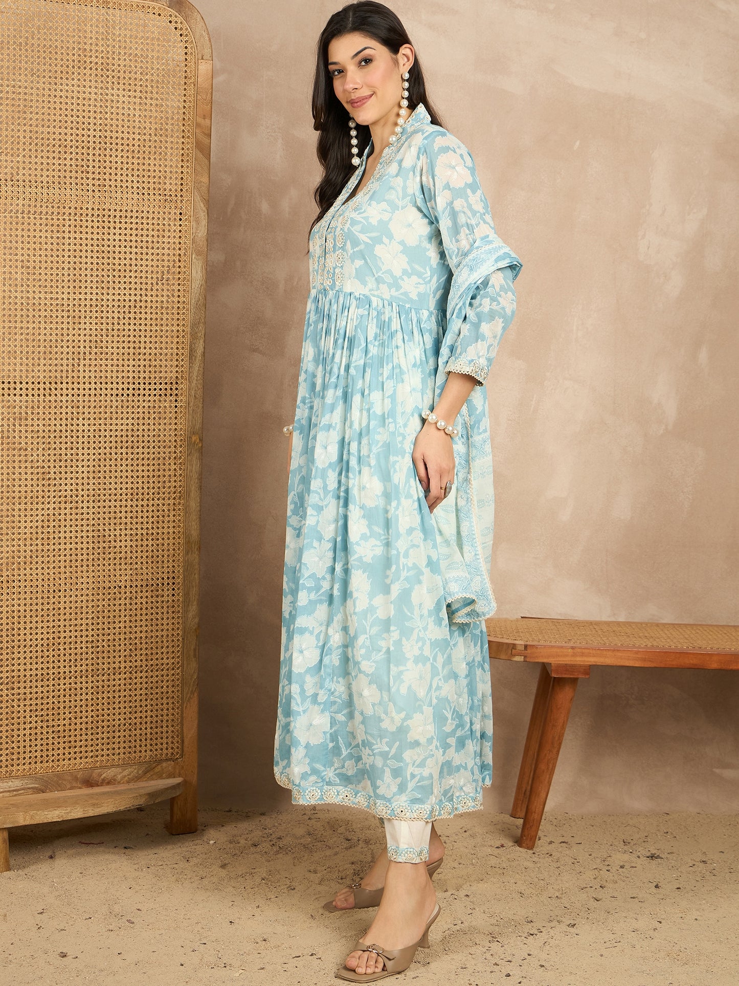 Women Floral Printed Pleated Mirror Work Kurta with Trousers & With Dupatta