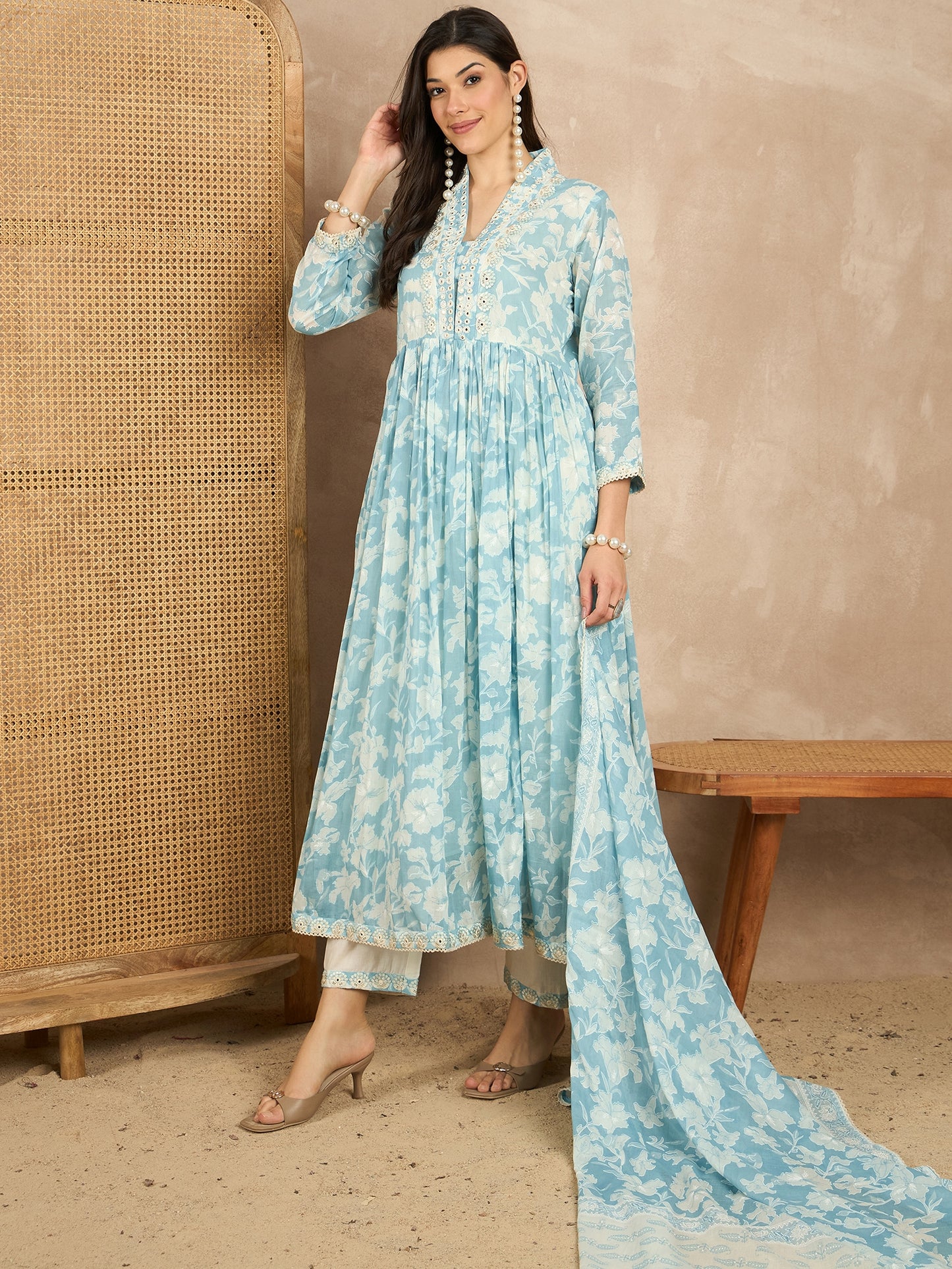 Women Floral Printed Pleated Mirror Work Kurta with Trousers & With Dupatta