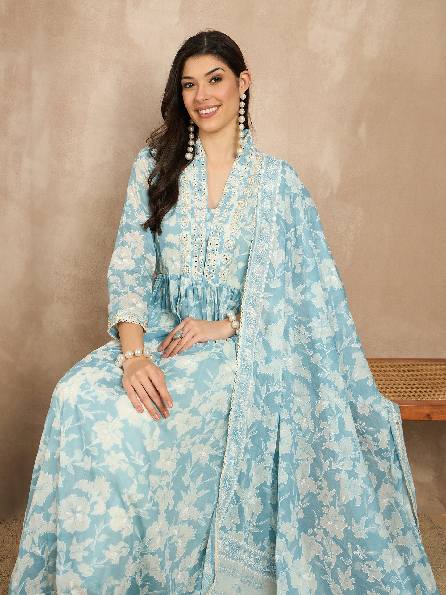 Women Floral Printed Pleated Mirror Work Kurta with Trousers & With Dupatta