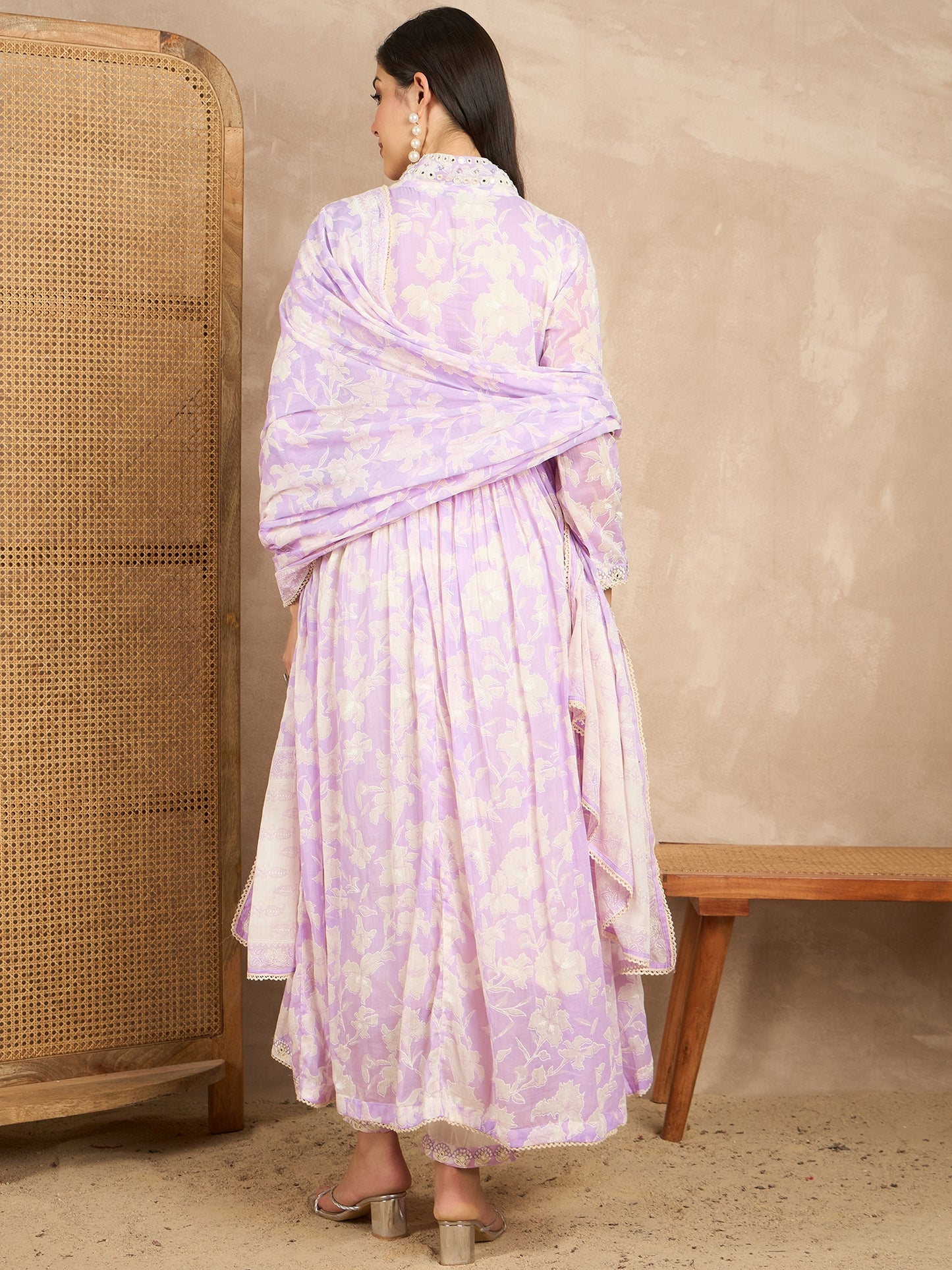 Women Printed Pleated Mirror Work Kurta with Trousers & With Dupatta