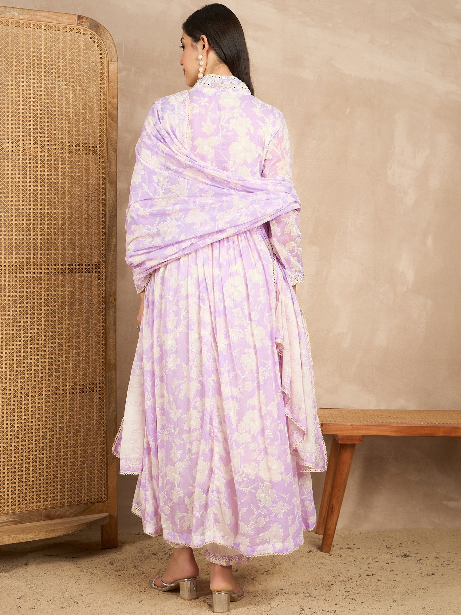Women Printed Pleated Mirror Work Kurta with Trousers & With Dupatta