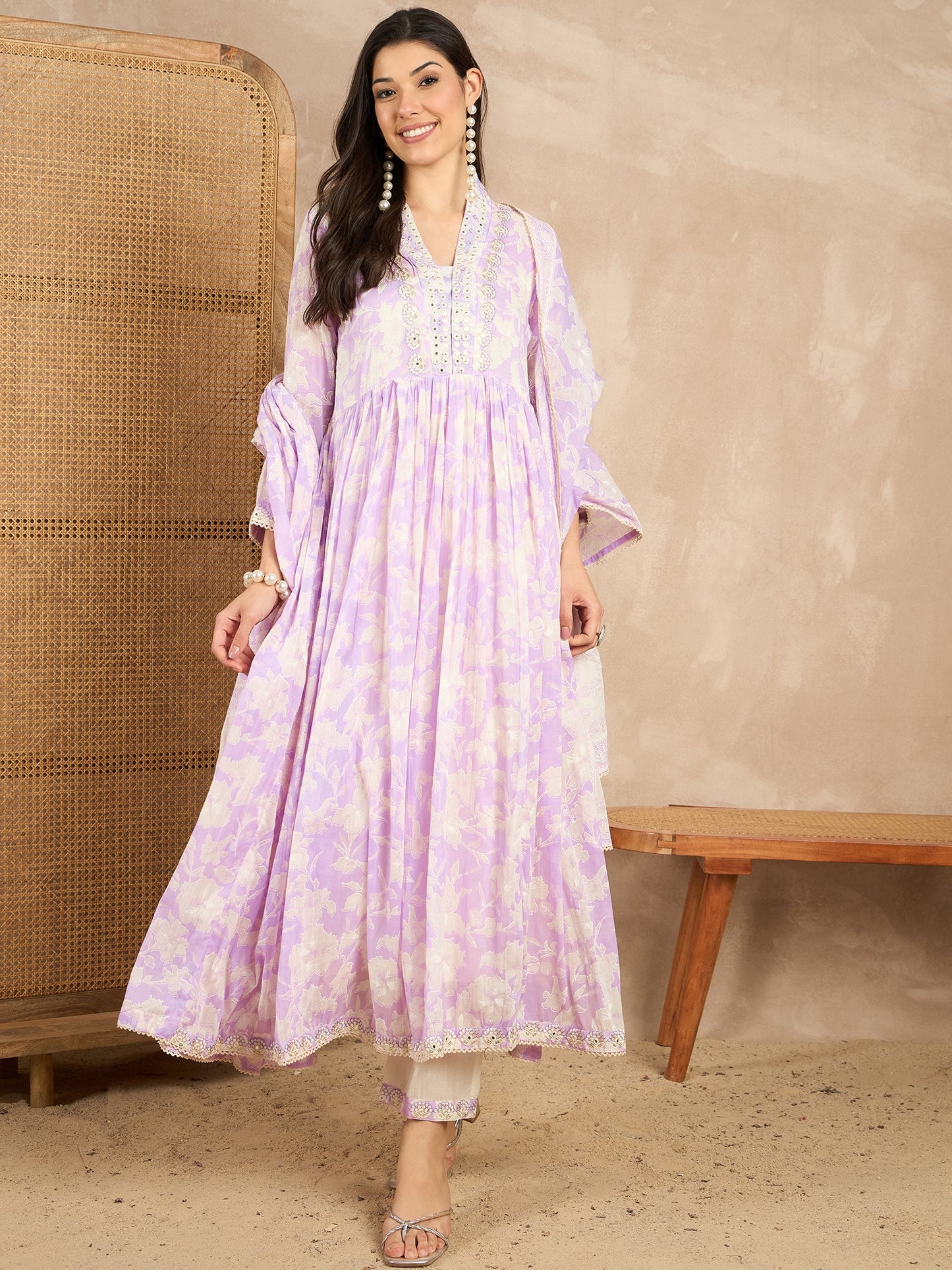 Women Printed Pleated Mirror Work Kurta with Trousers & With Dupatta
