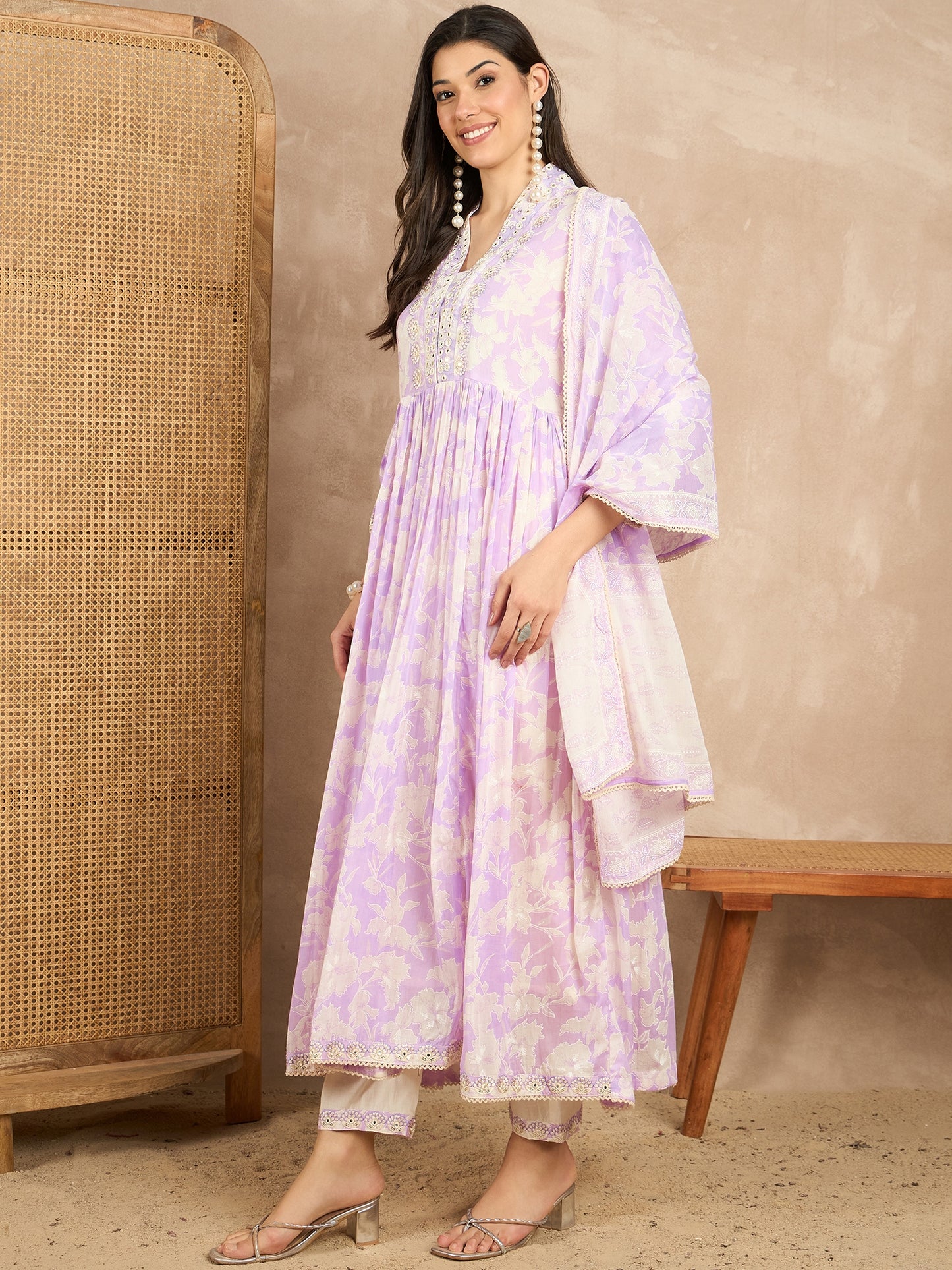 Women Printed Pleated Mirror Work Kurta with Trousers & With Dupatta