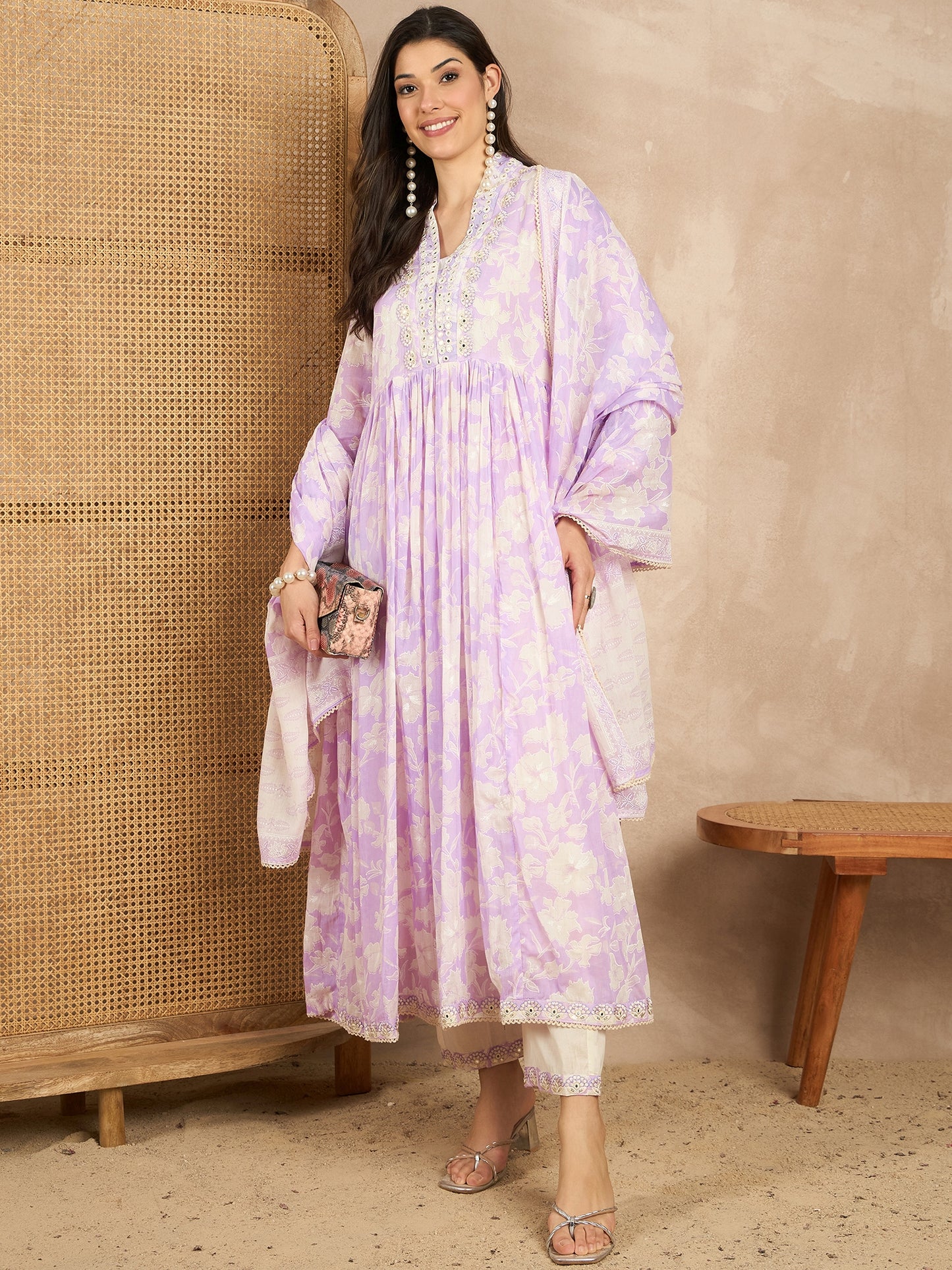 Women Printed Pleated Mirror Work Kurta with Trousers & With Dupatta