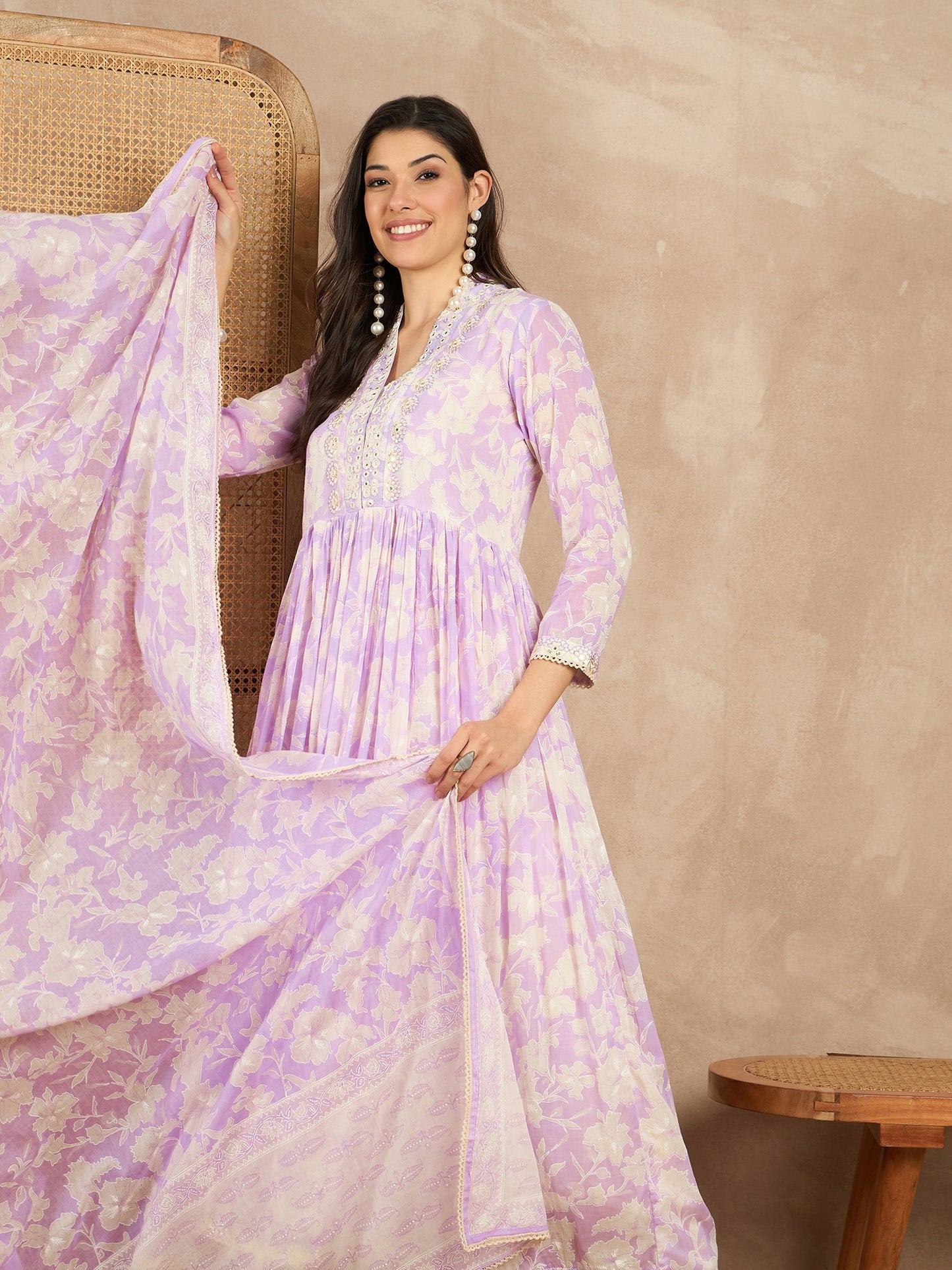 Women Printed Pleated Mirror Work Kurta with Trousers & With Dupatta