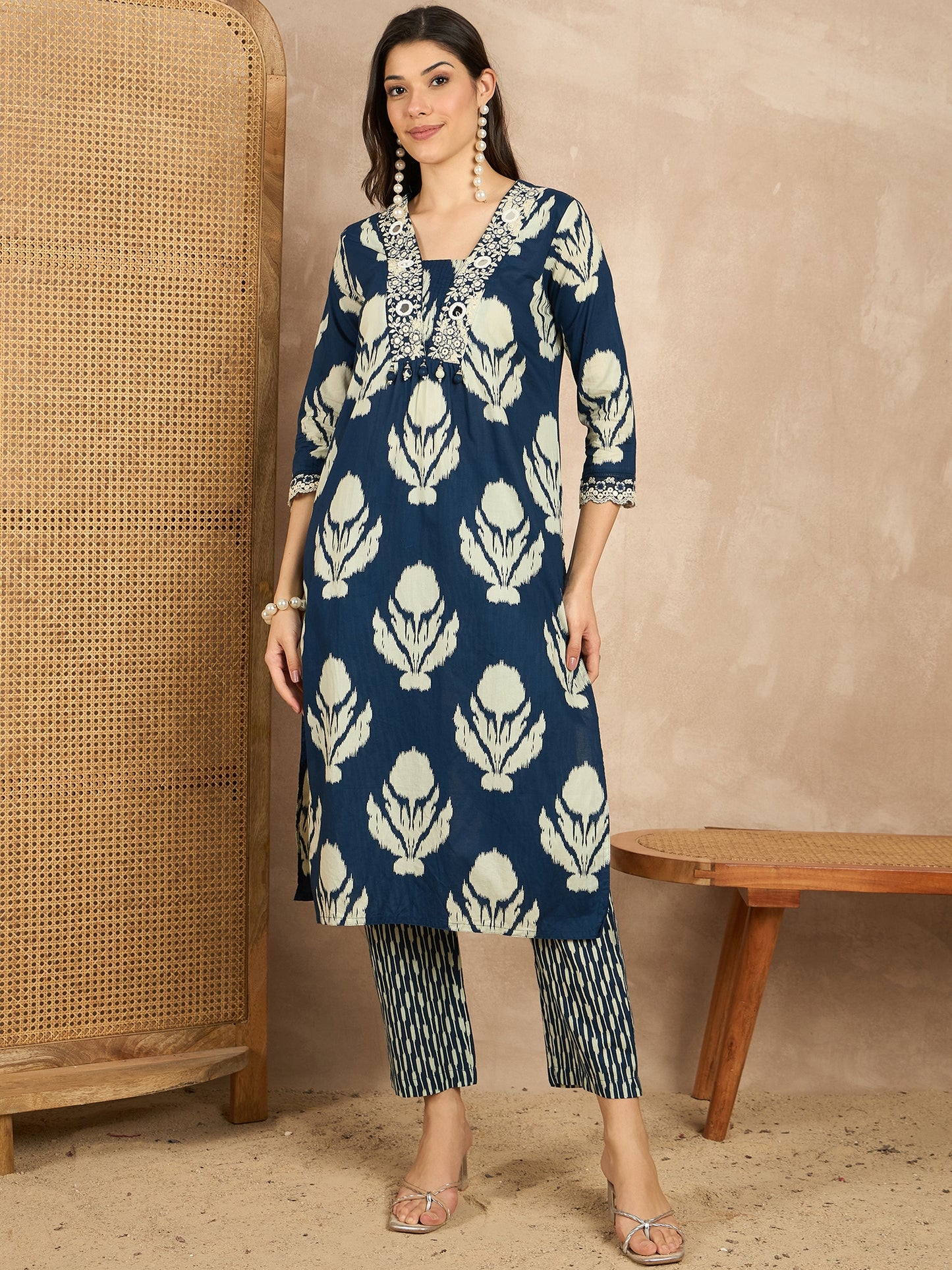 Women Ethnic Motifs Printed Regular Mirror Work Pure Cotton Kurta with Trousers & With Dupatta