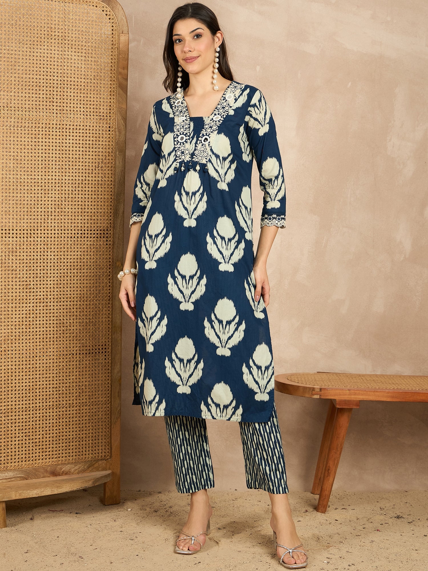 Women Ethnic Motifs Printed Regular Mirror Work Pure Cotton Kurta with Trousers & With Dupatta