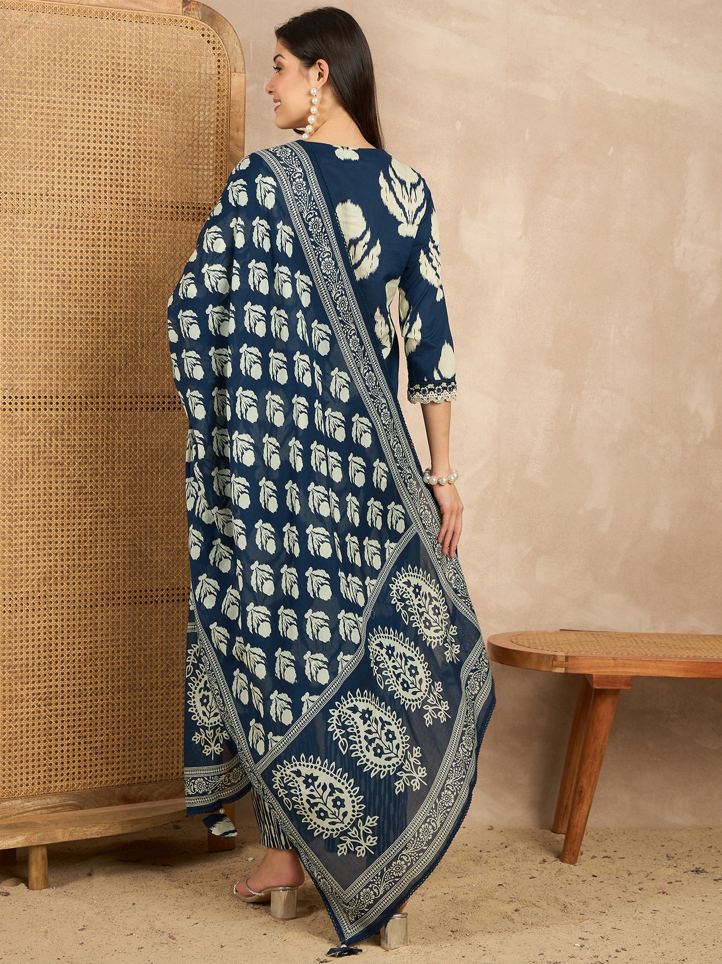 Women Ethnic Motifs Printed Regular Mirror Work Pure Cotton Kurta with Trousers & With Dupatta