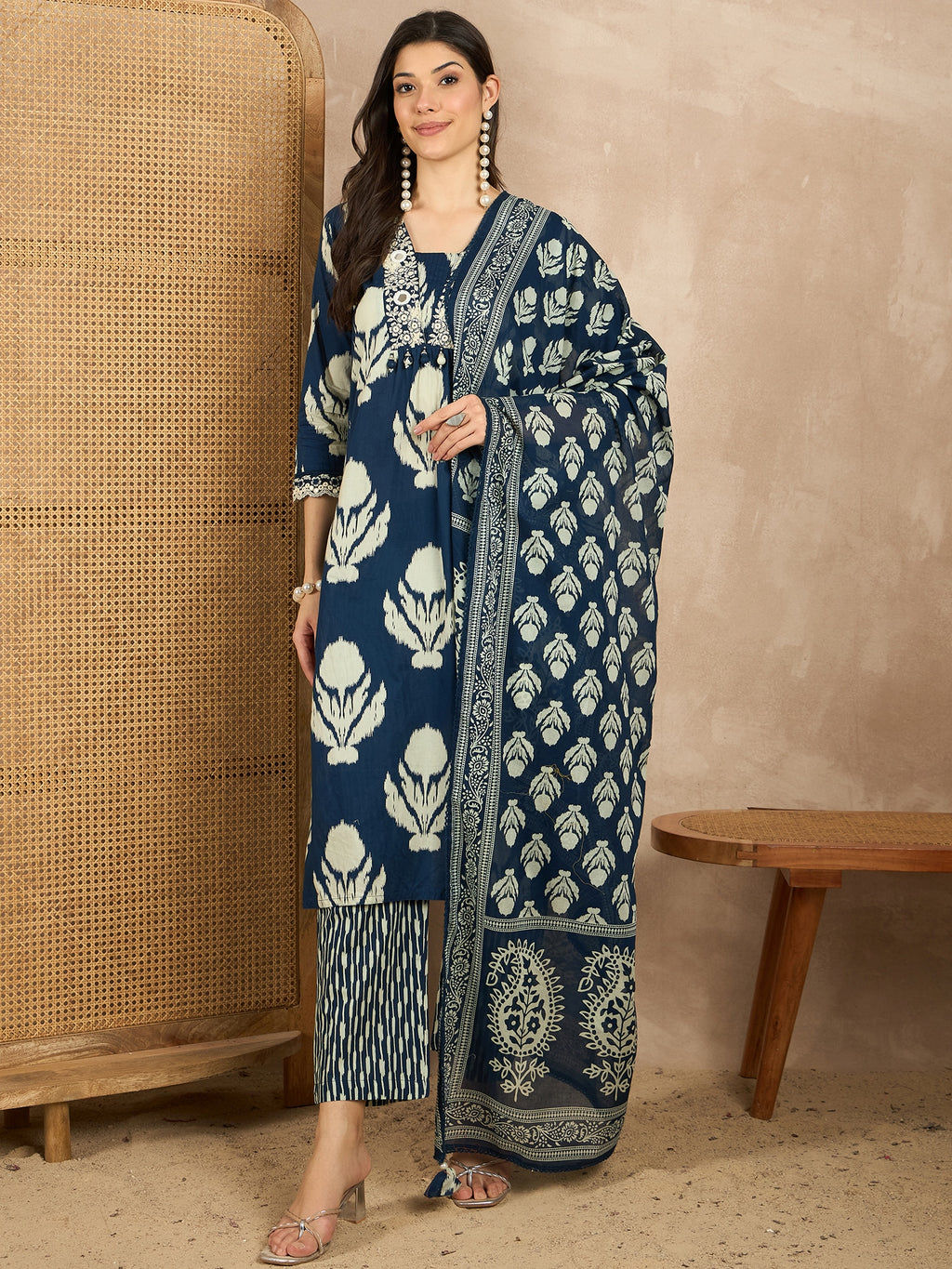Women Ethnic Motifs Printed Regular Mirror Work Pure Cotton Kurta with Trousers & With Dupatta