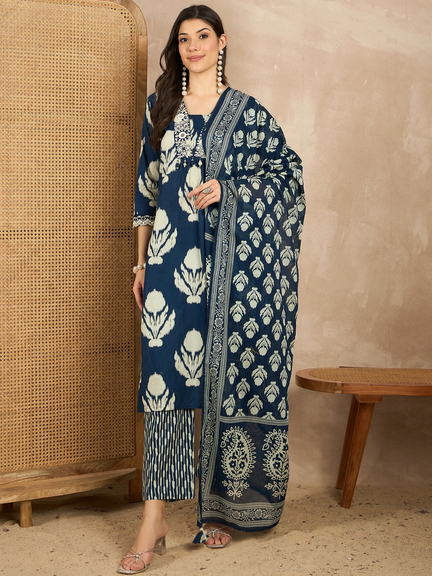 Women Ethnic Motifs Printed Regular Mirror Work Pure Cotton Kurta with Trousers & With Dupatta