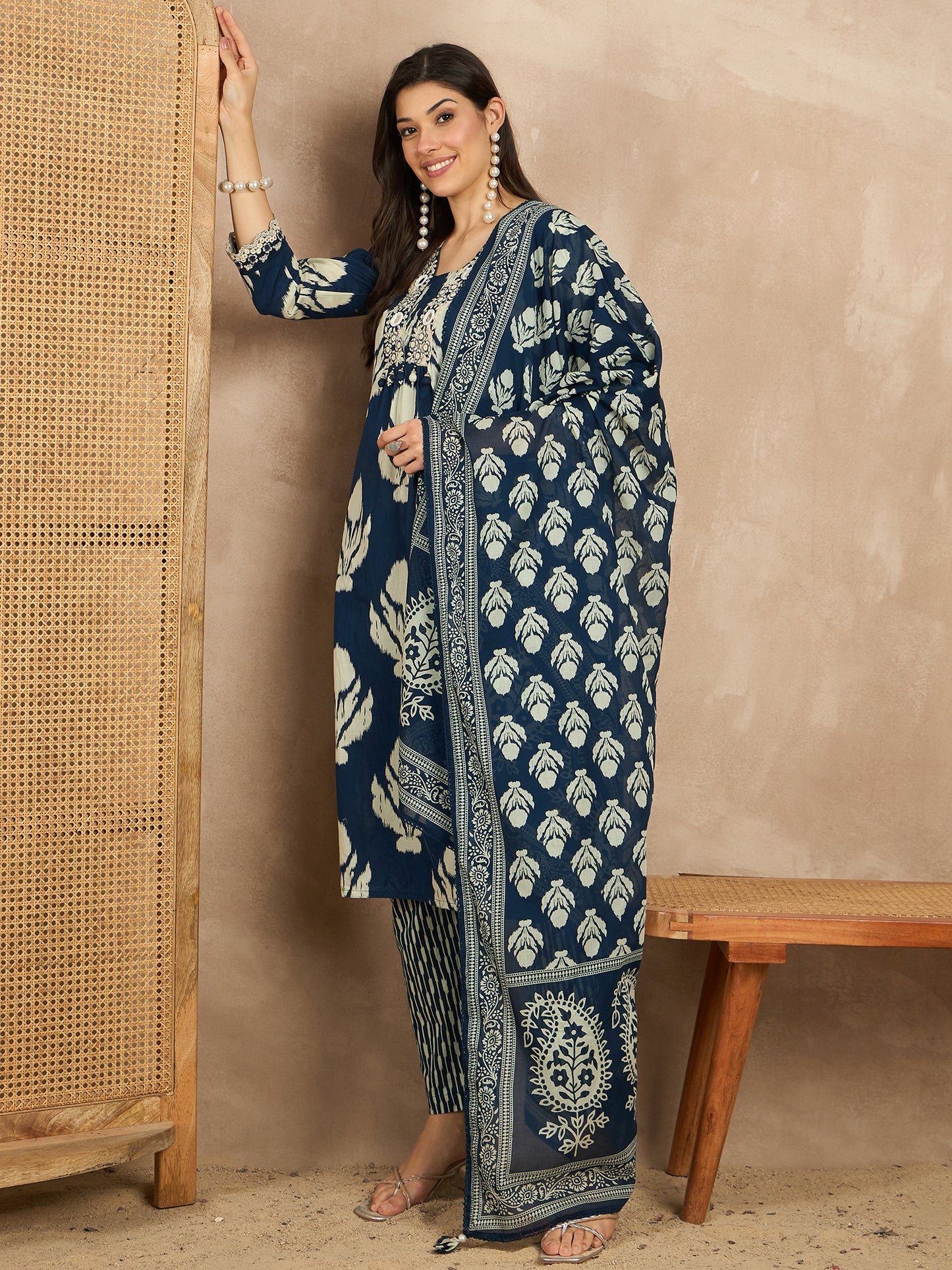 Women Ethnic Motifs Printed Regular Mirror Work Pure Cotton Kurta with Trousers & With Dupatta