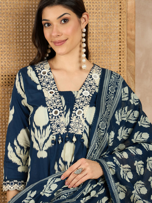 Women Ethnic Motifs Printed Regular Mirror Work Pure Cotton Kurta with Trousers & With Dupatta