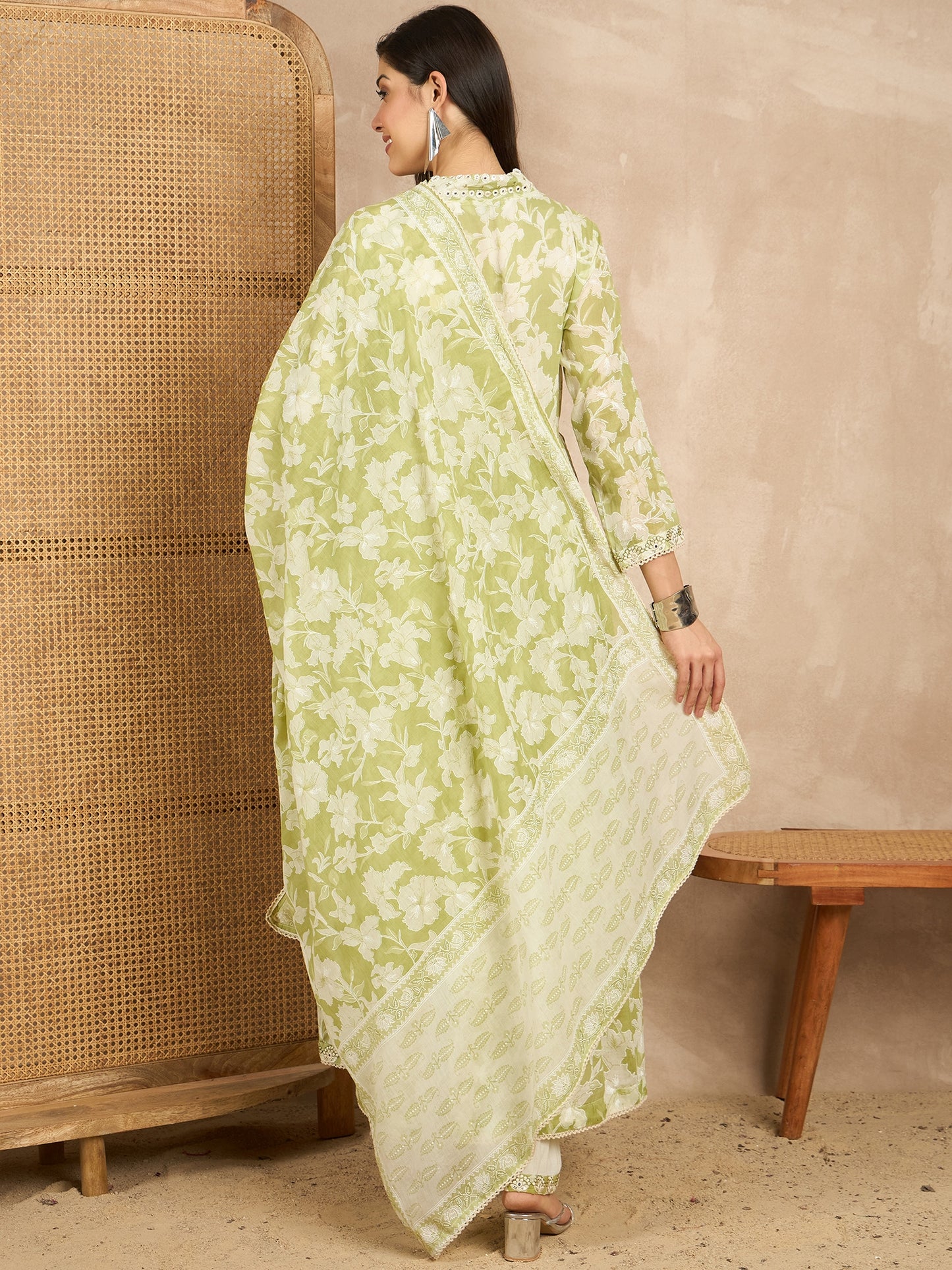 Women Floral Printed Pleated Mirror Work Kurta with Trousers & With Dupatta