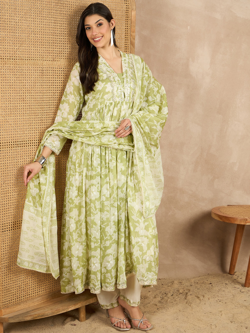 Women Floral Printed Pleated Mirror Work Kurta with Trousers & With Dupatta