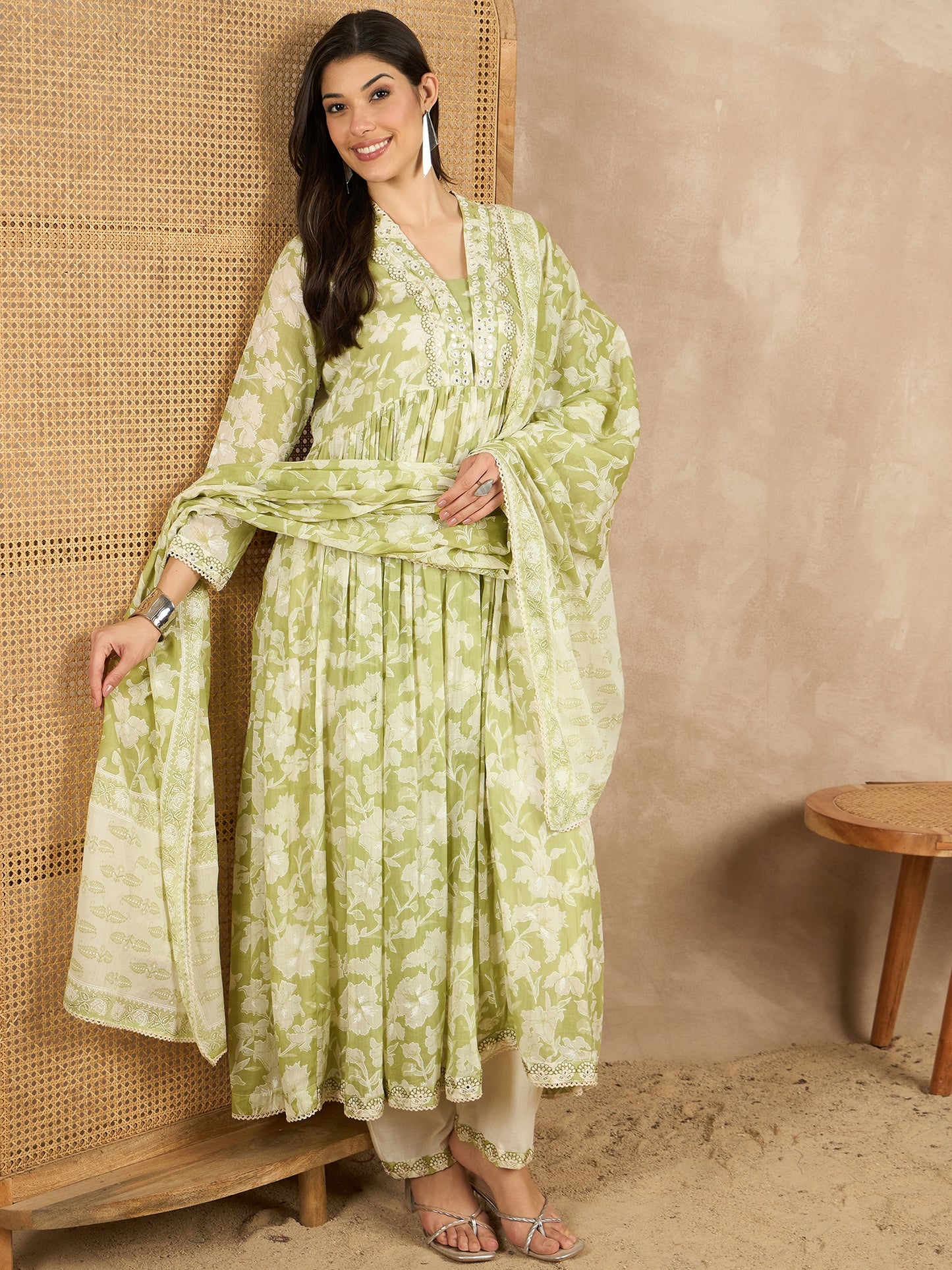 Women Floral Printed Pleated Mirror Work Kurta with Trousers & With Dupatta