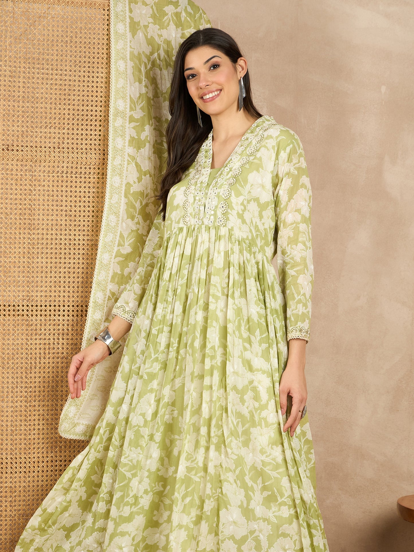 Women Floral Printed Pleated Mirror Work Kurta with Trousers & With Dupatta