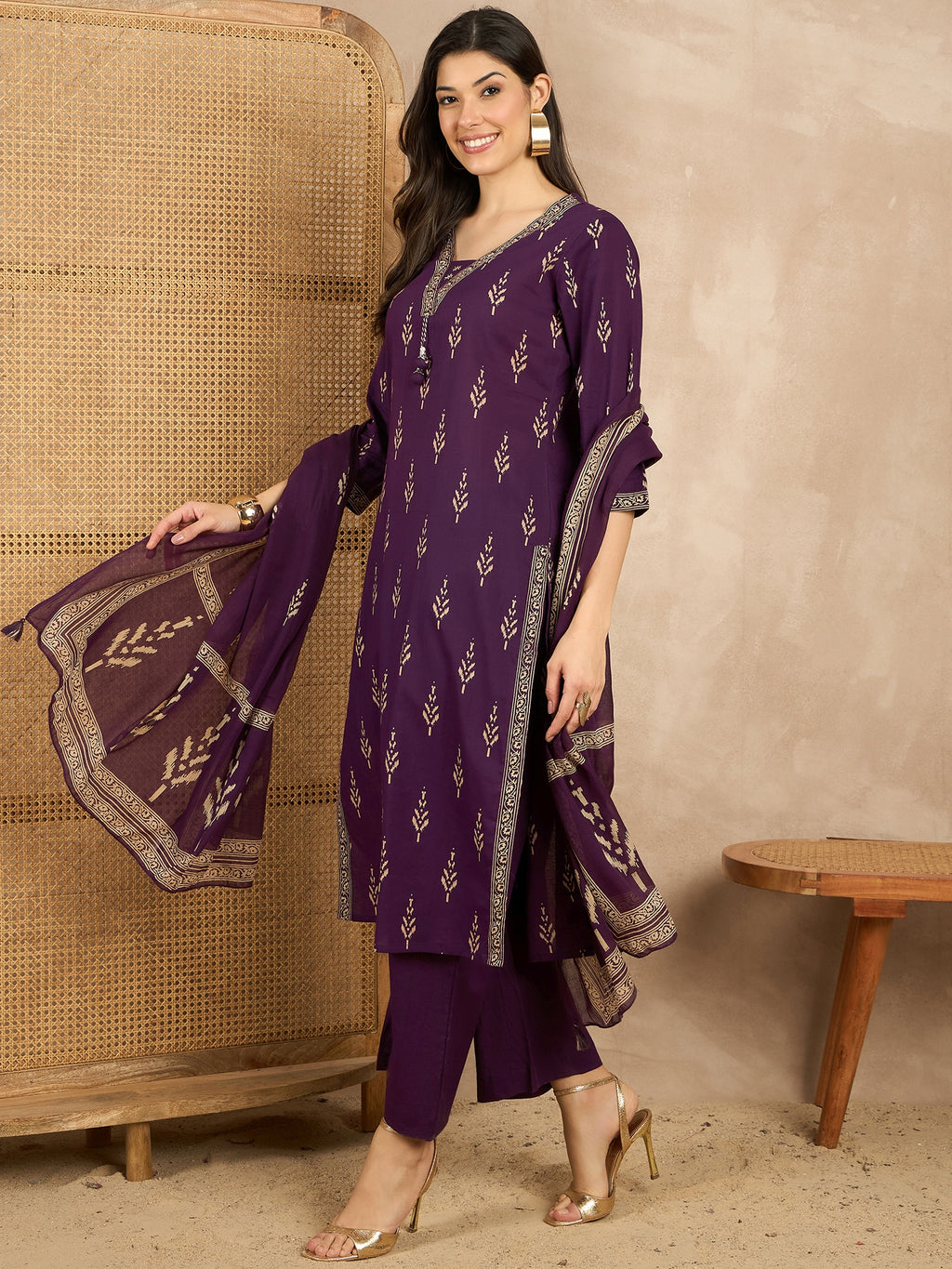 Women Printed Regular Mirror Work Pure Cotton Kurta with Trousers & With Dupatta