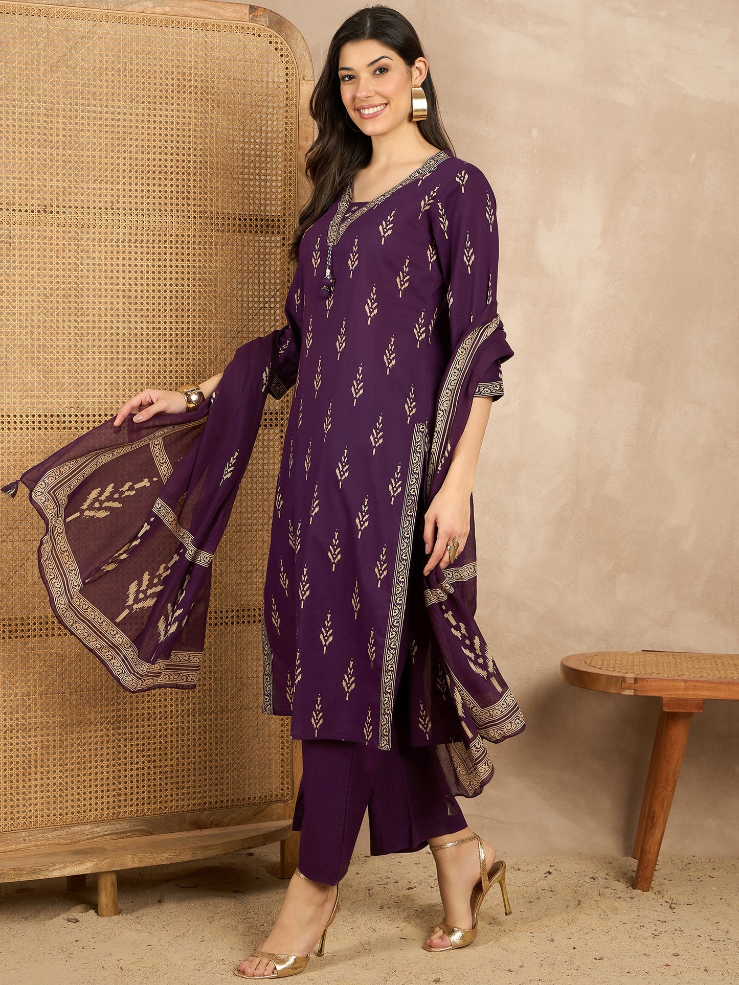 Women Printed Regular Mirror Work Pure Cotton Kurta with Trousers & With Dupatta