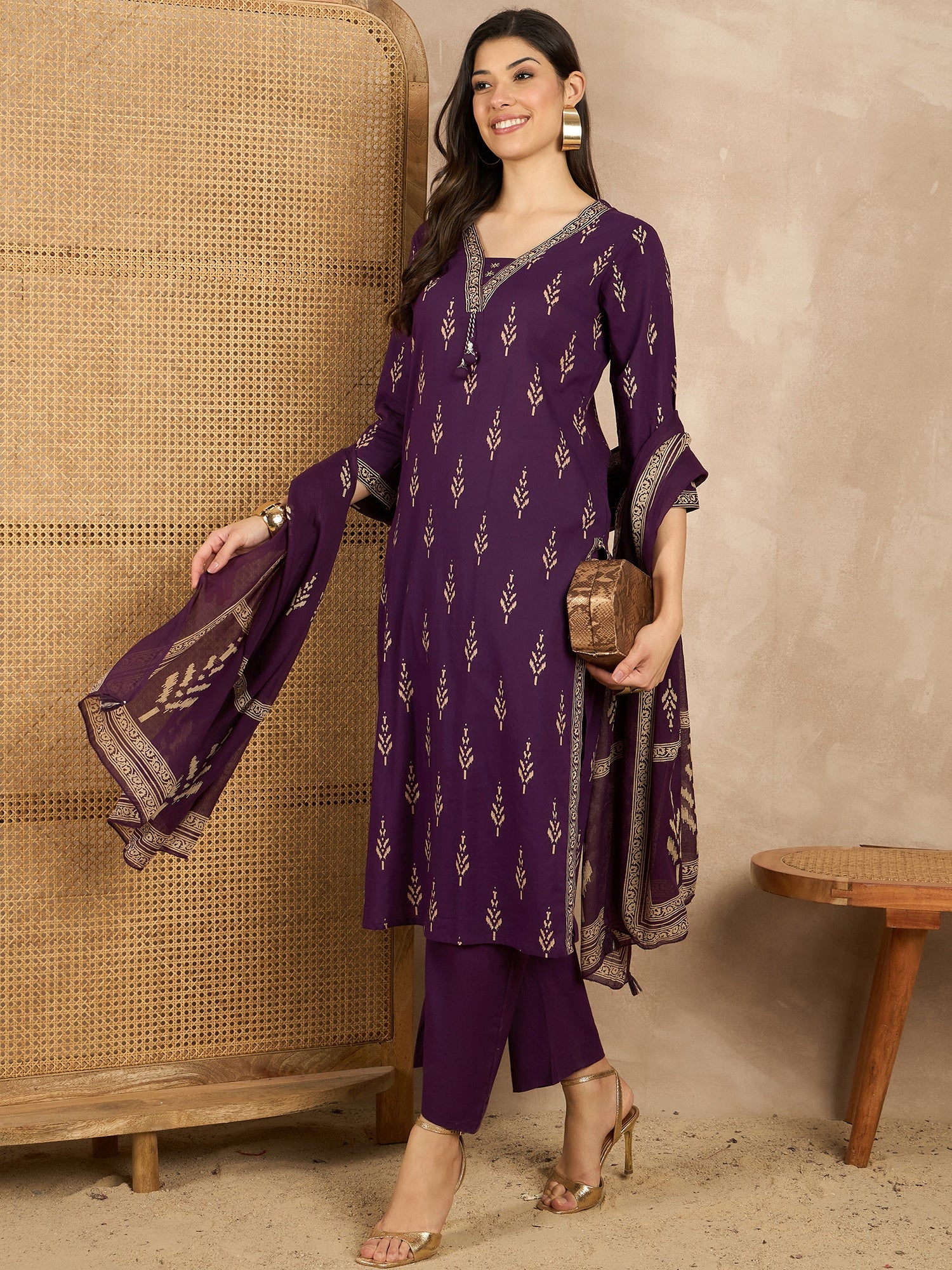 Women Printed Regular Mirror Work Pure Cotton Kurta with Trousers & With Dupatta
