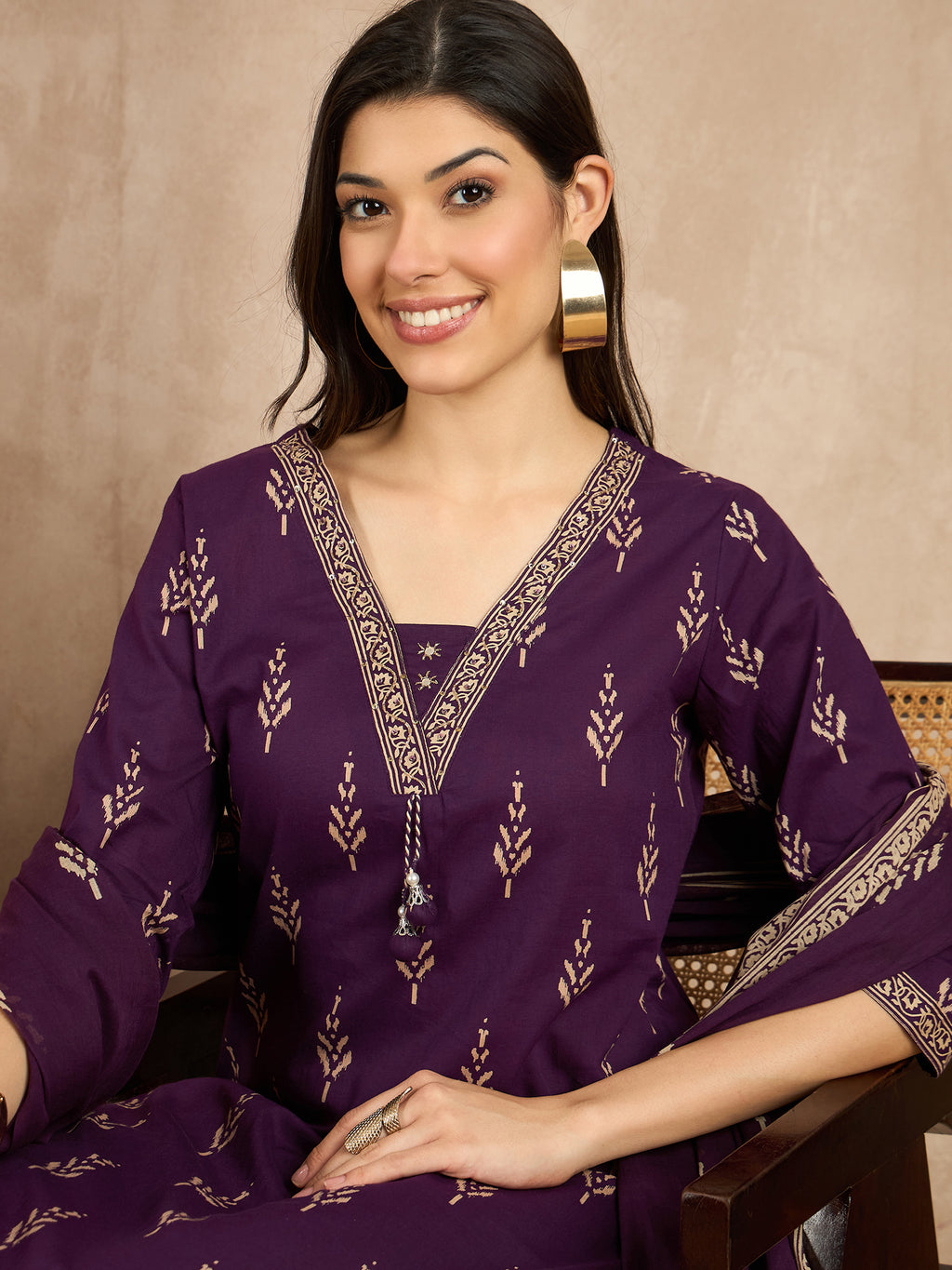 Women Printed Regular Mirror Work Pure Cotton Kurta with Trousers & With Dupatta