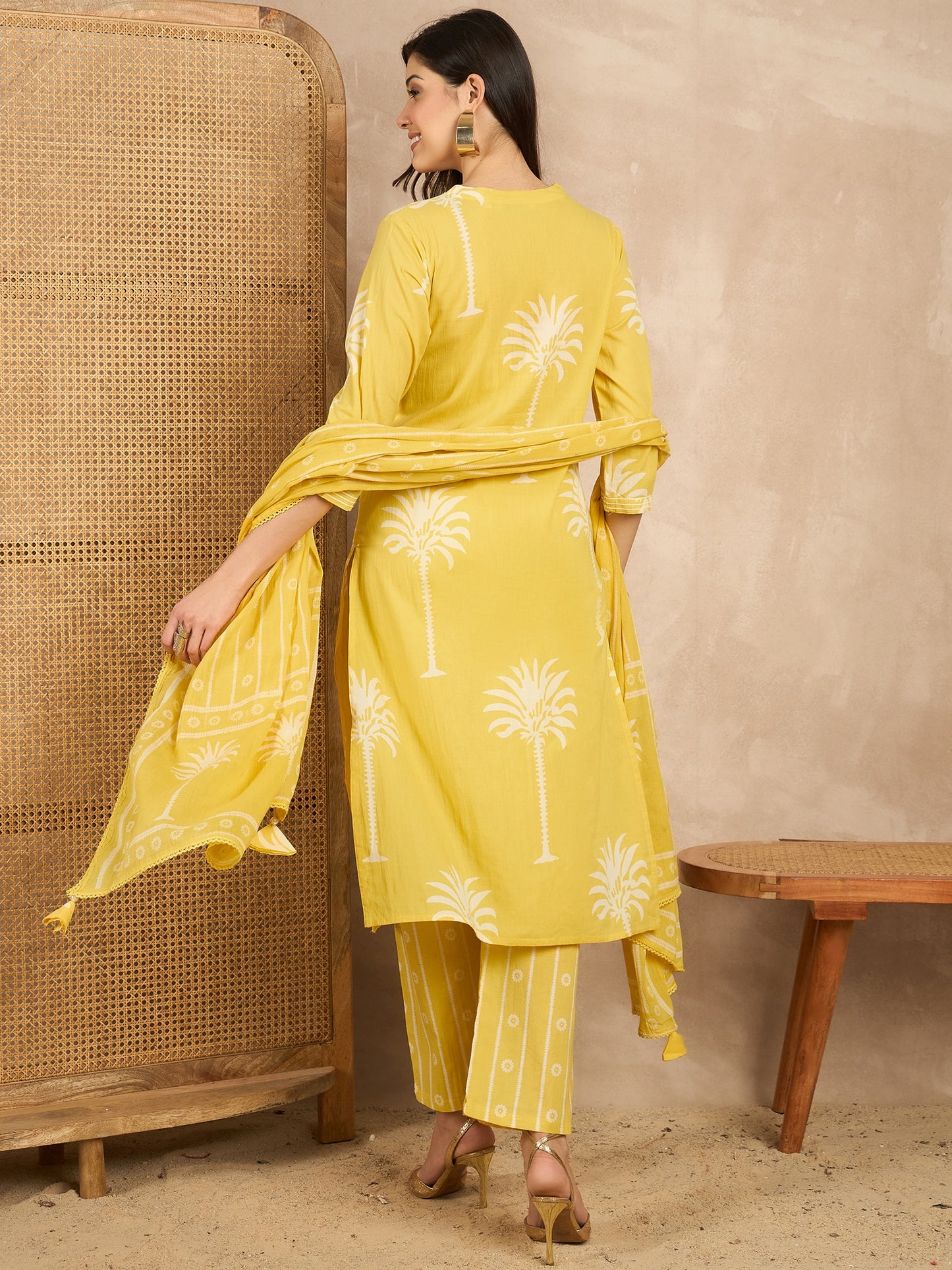 Women Ethnic Motifs Printed Regular Mirror Work Pure Cotton Kurta with Trousers & With Dupatta