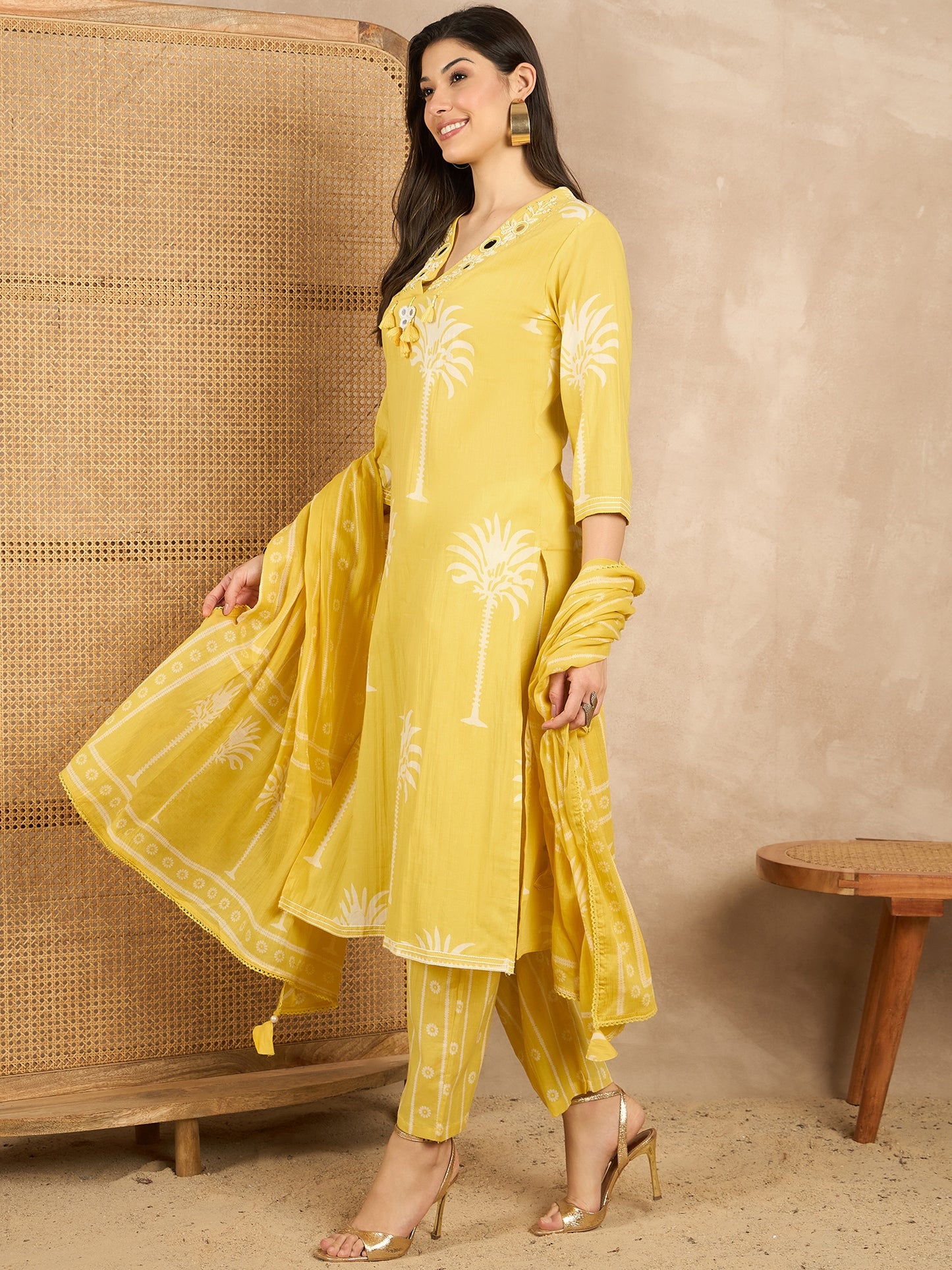Women Ethnic Motifs Printed Regular Mirror Work Pure Cotton Kurta with Trousers & With Dupatta