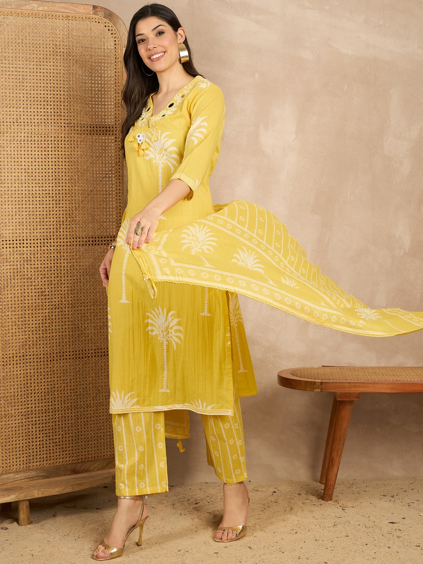 Women Ethnic Motifs Printed Regular Mirror Work Pure Cotton Kurta with Trousers & With Dupatta
