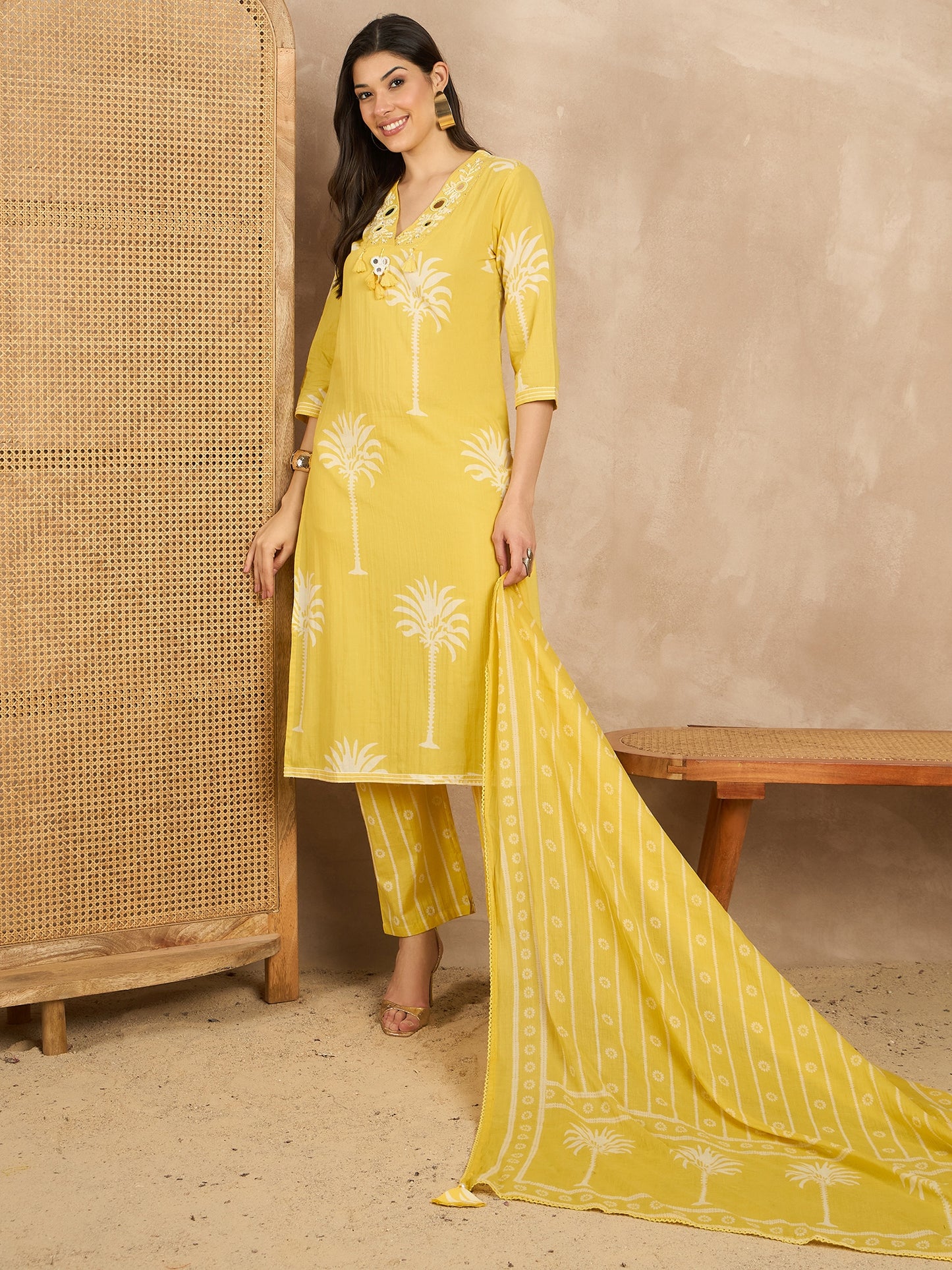 Women Ethnic Motifs Printed Regular Mirror Work Pure Cotton Kurta with Trousers & With Dupatta